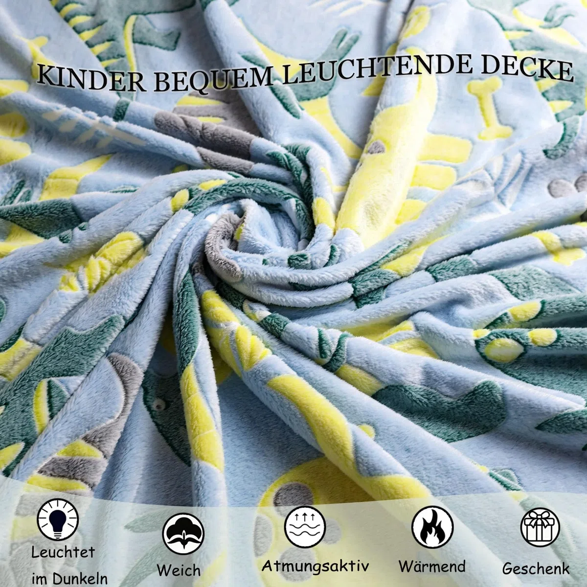 Decke Leuchtet im Dunkeln Kinderdecke Dinosaurier Weltraum Fußball Bagger Kuscheldecke Leuchtende Decke für Kinder Jungen und Mädchen Kuschelig Warme Geschenk Deck (Dinosaurier, 130x150cm)