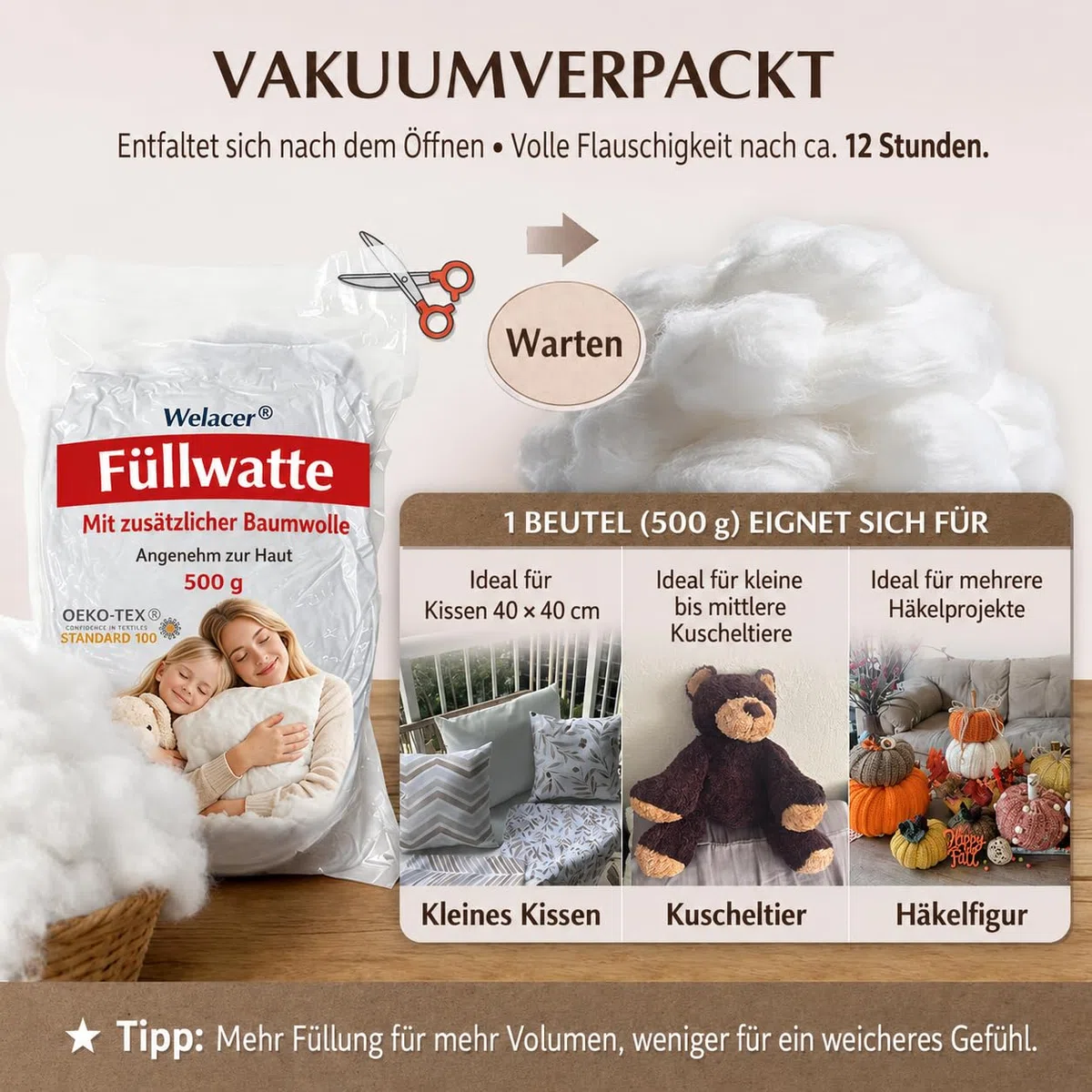 Füllwatte für Kuscheltiere, 500g Extra Weiche Faserfüllung aus Baumwoll-Polyester-Mix, Ideal für Stofftiere, Häkeltiere, Puppen, Kissenfüllung, Bastelarbeiten & DIY-Projekte