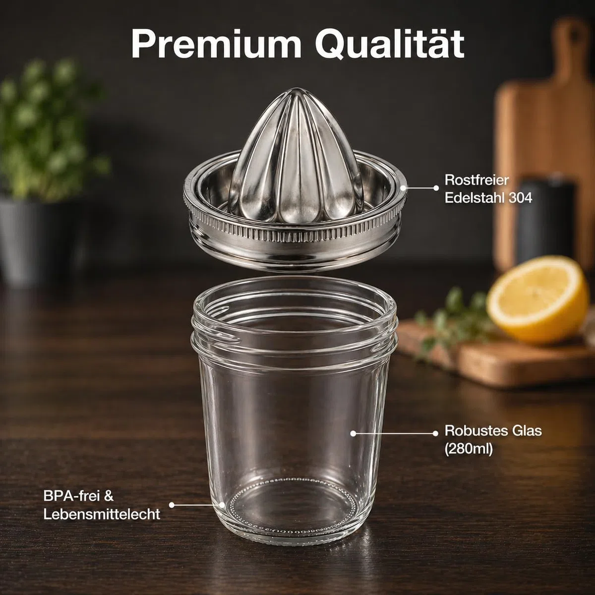 Zitronenpresse Edelstahl Handpresse Für Küche, Orangenpresse mit Auffangbehälter, Manuelle Saftpresse Für Zitronen, Orangen, Limetten, 280ml, Einmachglas, Leicht Zu Reinigen Und Lagern