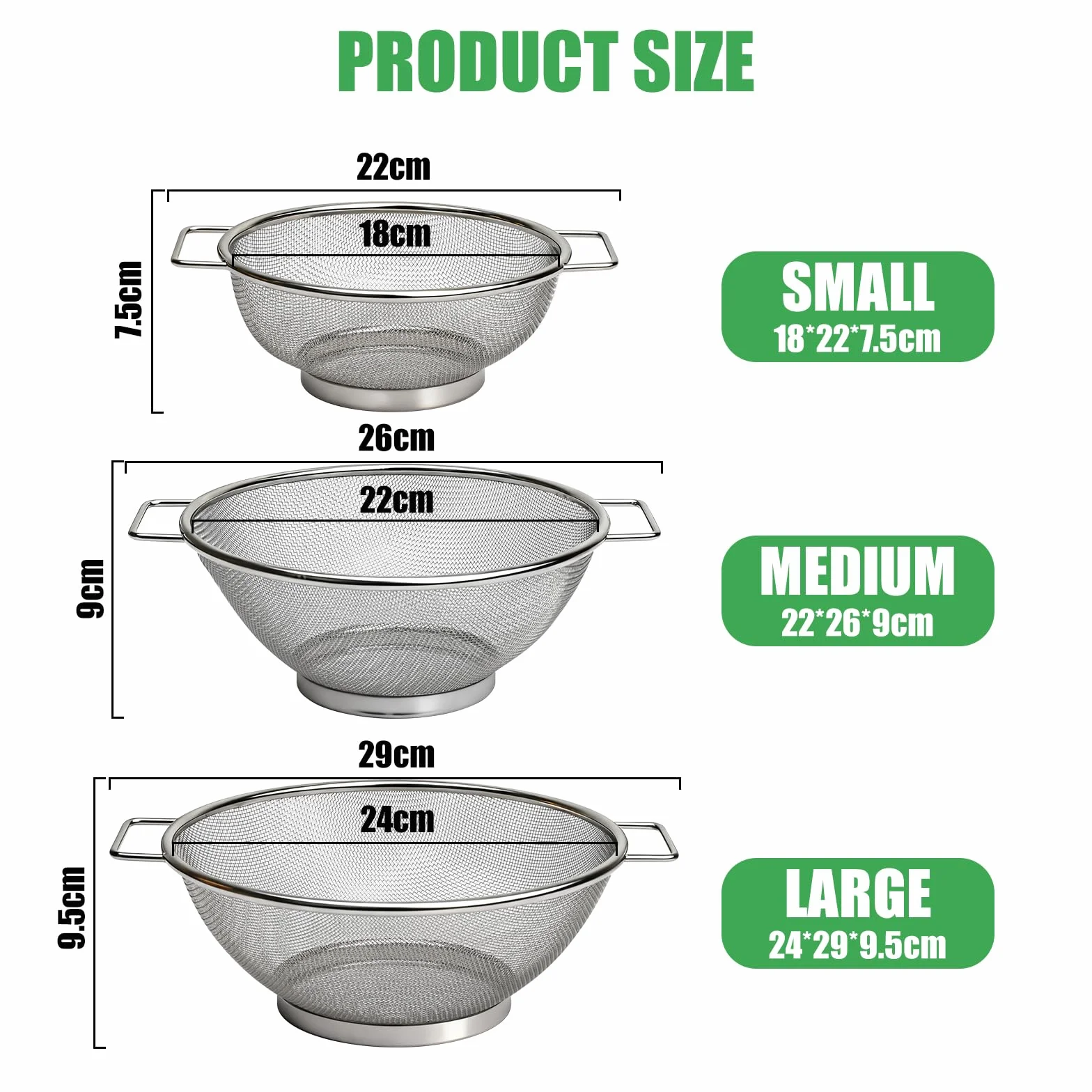 Sieb 3er-Set aus Edelstahl, Mikroperforiertes Küchensieb mit Griffen, Abtropfsieb für Obst, Gemüse, Reis und Pasta, Metall Sieb, Ideal für Küche und Haushalt, 18/22/24cm