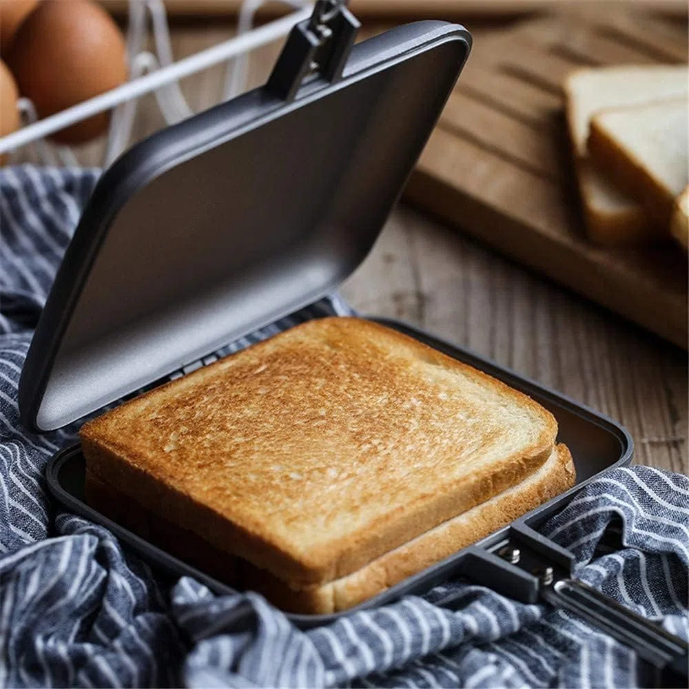 Towwoo Doppelseitige Bratpfanne, Sandwichmaker Camping, Antihaftbeschichtet, Beidseitige Tortillas Sandwich und Panini-Maker Pan mit Griff aus Aluminium für Frühstück