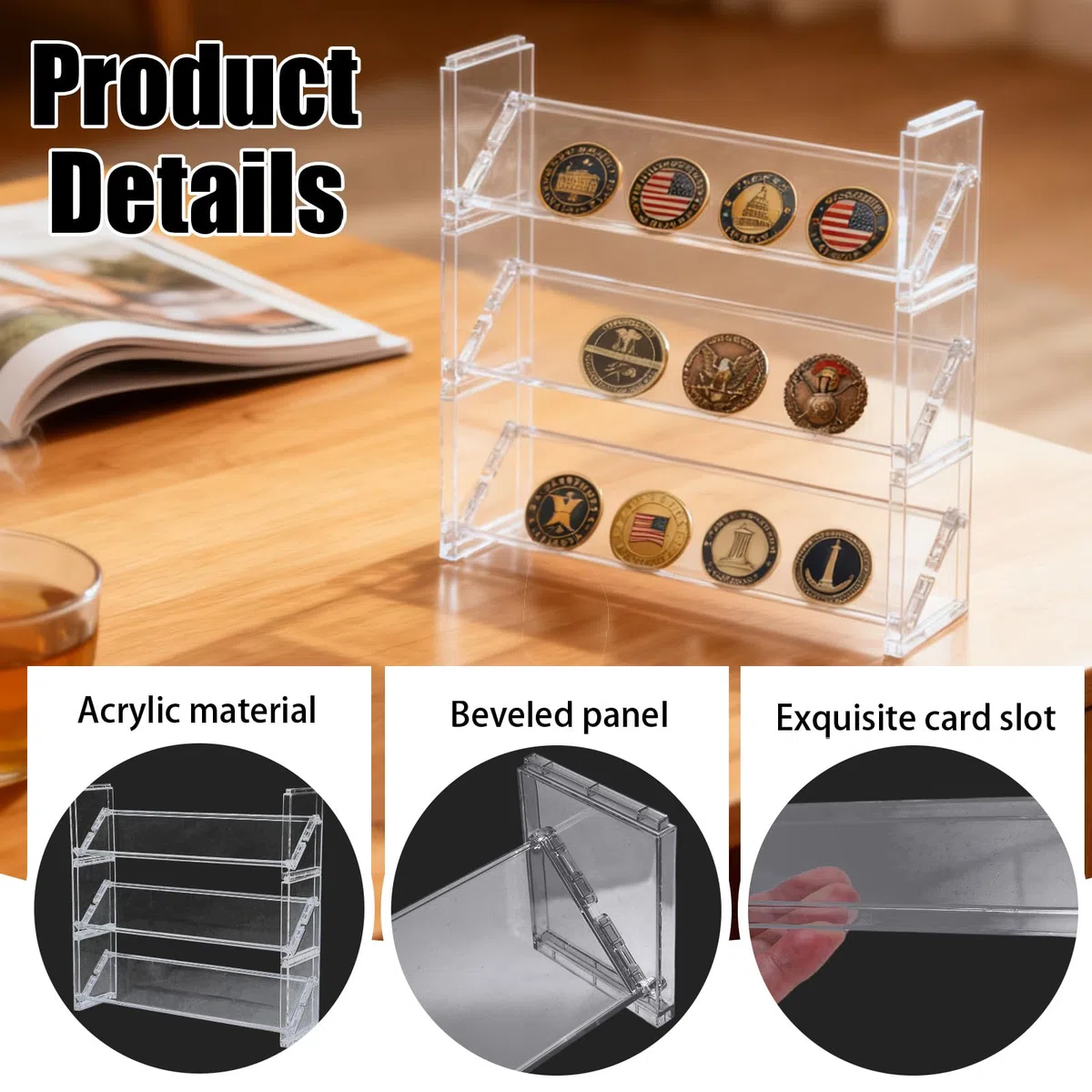 Plastik Münzen Display Regal 3‑tier – Transparenter 3‑Stufiger Münzhalter mit Kartenschlitzen – 30 cm Länge, 8 cm Tiefe, 9 cm Höhe – Stapelbar & Einzeln nutzbar für Challenge Coins