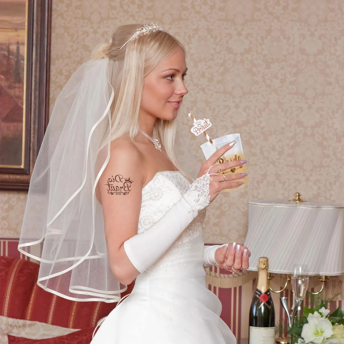16 Set JGA Becher Braut Team Tassen,JGA Becher Bride Tribe Cups mit 16 Team Braut Strohhalme,20 JGA Bride to be Tattoo,Rose Gold Bridal Dusche Tassen,Bachelorette Party Cups für Verlobungsfeier