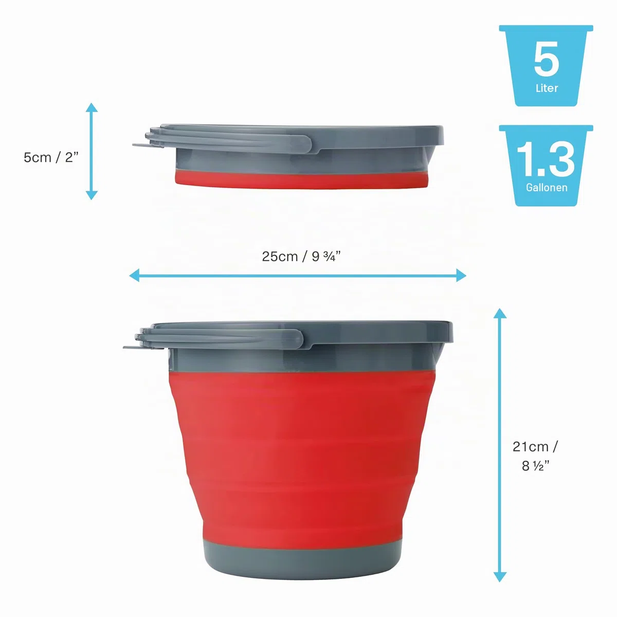Bramble - 3 Faltbare Silikon Eimer (5L) für Reinigung, Wohnmobil, Camping, Wandern, Angeln, Strand, Sandkasten - Falteimer, Putzeimer, Wassereimer - Robust & Platzsparend