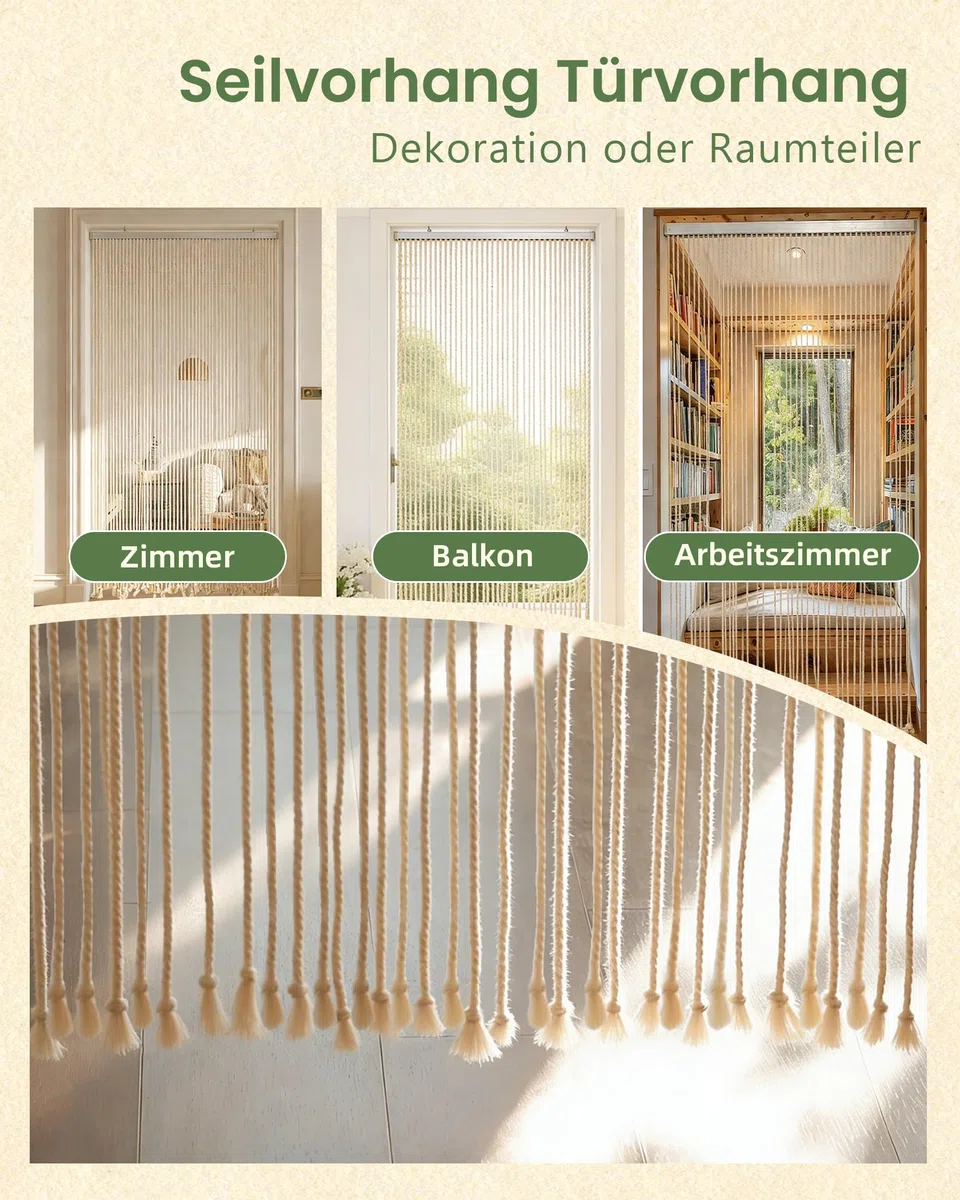 90x200cm Seilvorhang Türvorhang, 54 Stränge Beiger Boho Terrassentür Türvorhang, Fliegenvorhang Balkontür als Raumteiler und Dekoration für Balkon, Zimmer, Terrasse