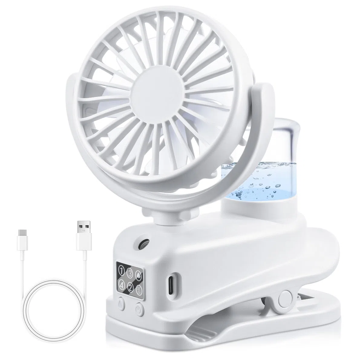 JIZZU USB Ventilator mit Wassernebel, 4 Geschwindigkeiten Wind Tischventilator mit Clip, Mini Ventilator, Verstellbare Tischventilatoren mit LED-Anzeige, Desktop Persönlichen Fans für Büro (Weiß)