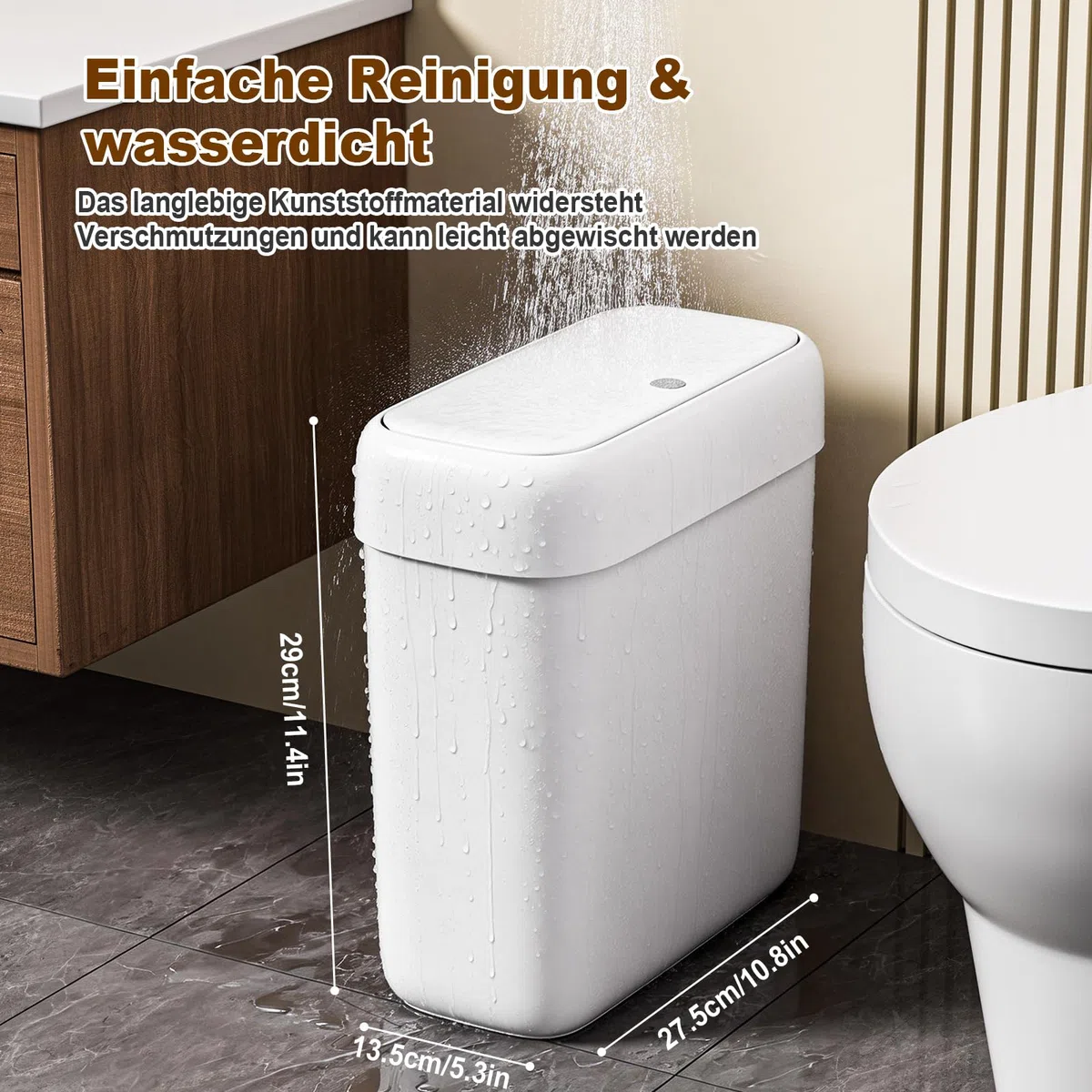 MOPUP Kleiner Badezimmer-Mülleimer mit Deckel, 8.5 l/2,2 Gallonen, schmaler Mülleimer, Papierkorb aus Kunststoff mit aufklappbarem Deckel, hundesicher für Badezimmer, Küche, Schlafzimmer, Wohnzimmer