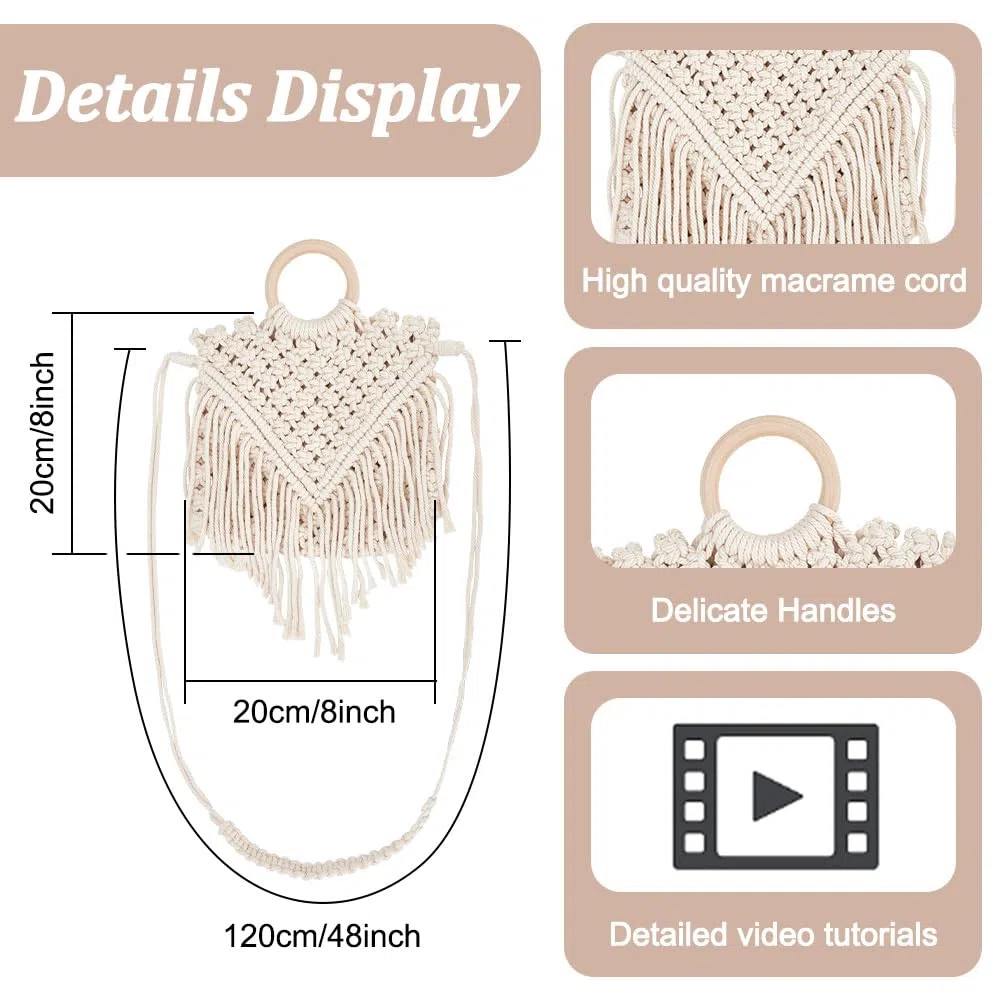 WEBEEDY DIY Makramee-Taschen-Set, Bohemian-Quasten-Handtasche, Enthält 3mm Natürliche Makramee-Kordel Handtaschengriff Aus Holz Aufbewahrungstasche Urlaubsdekoration Am Strand Mit Videoanleitung