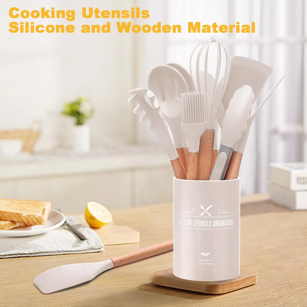 12 Stück Küchenhelfer Set, Silikon Küchenutensilien Set, Antihaft Hitzebeständiger Holzgriff Kochbesteck mit Utensilienhalter, Silikonspatel Kochgeschirr Set, Spülmaschinengeeignet (Khaki)