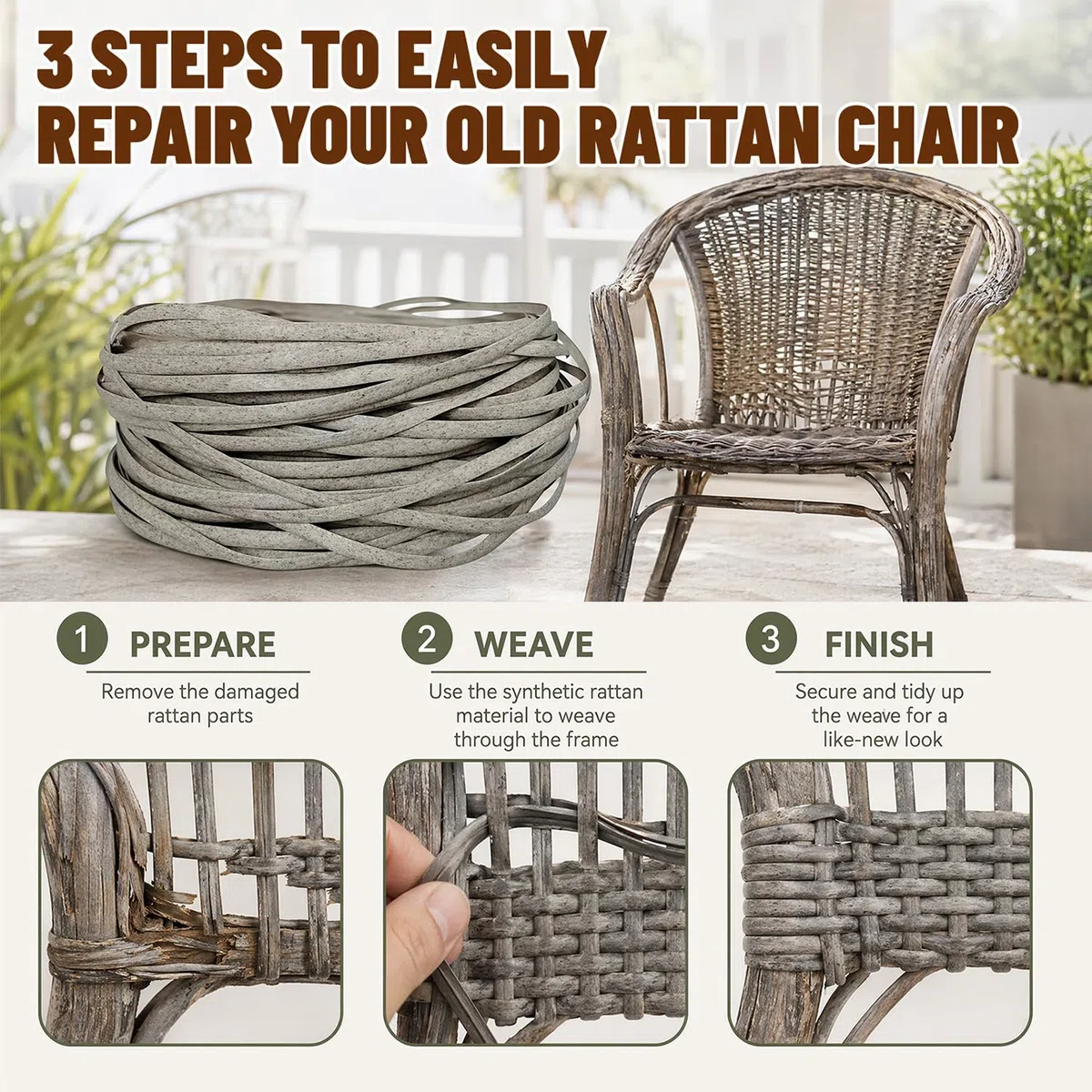 65m Kunststoff Gewebtes Rattan, Polyrattan Reparatur für Reparatur Von Outdoor, Gartenstuhl Ersatzbespannung, Synthetische Rattan Reparaturmaterial für Gartenstühle, Terrassenmöbel & Körbe (Beige)