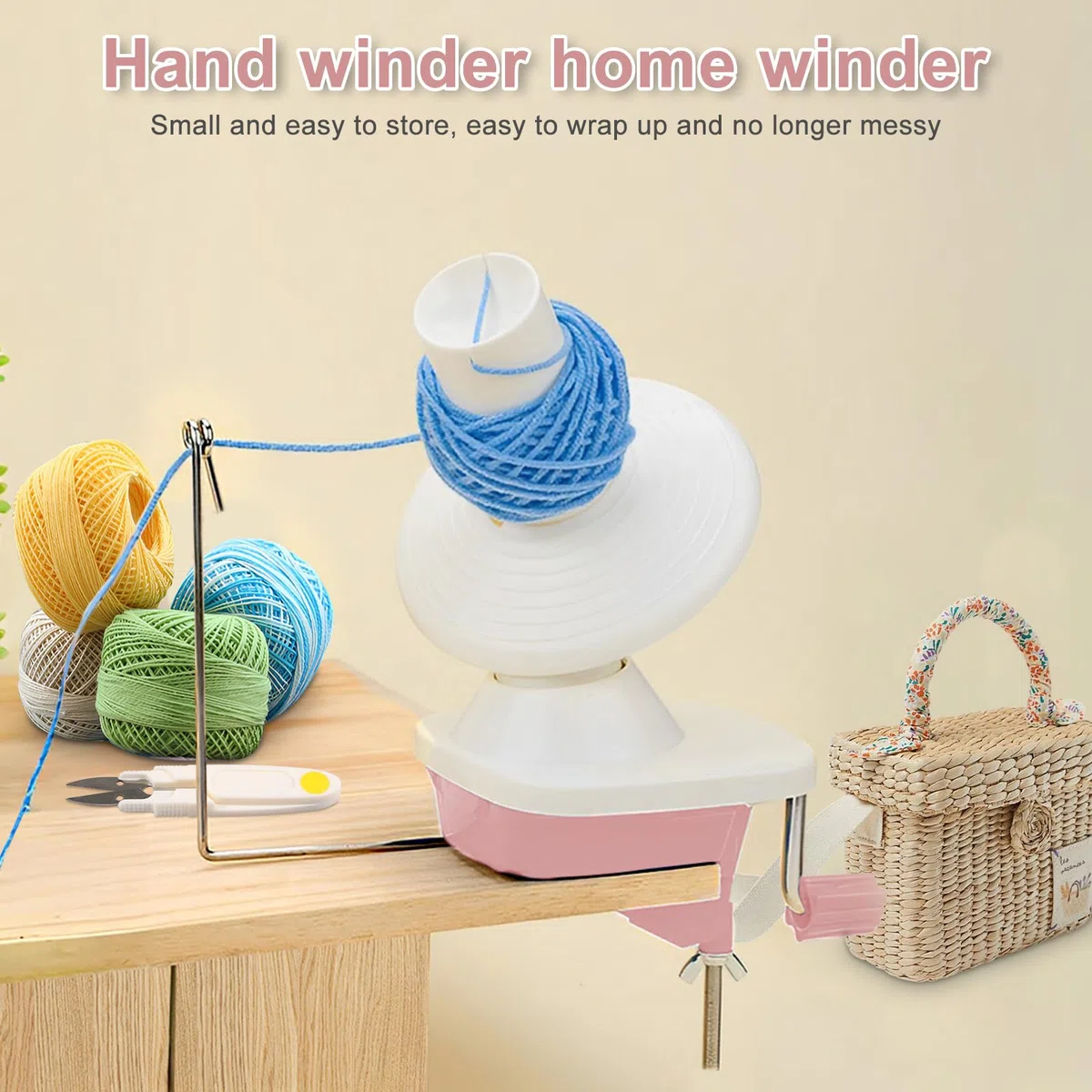 Kugelwickler, Abnehmbarer Garnkuchenwickler, Müheloser Wollwickler zum Stricken von Garnfaserknäueln, 1*Garnwickler, 1*Schere, 2*Nähnadeln, 10*Maschenmarkierer (Rosa)
