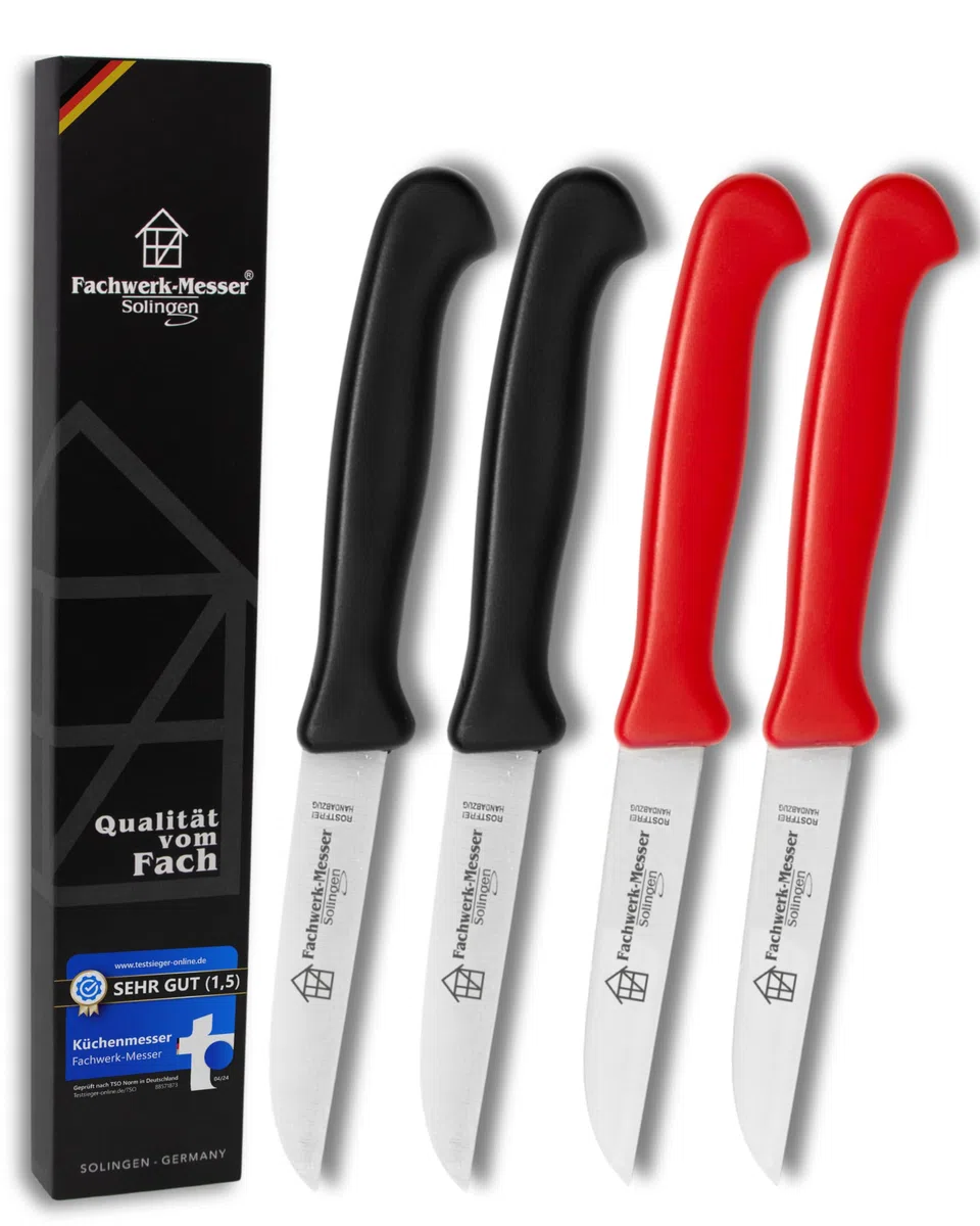 Fachwerk Gemüsemesser 4er Set – Küchenmesser aus Solingen, 7,5 cm Klinge, 2x rot & 2x schwarz – scharfes Schälmesser aus rostfreiem Edelstahl – Qualitätsmesser Made in Germany