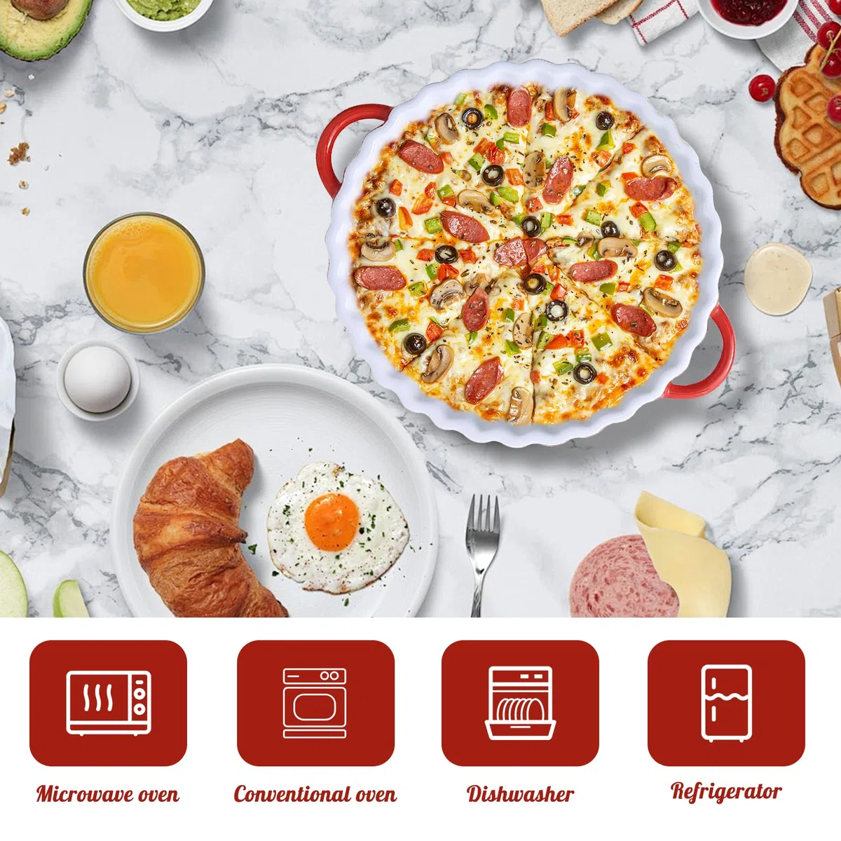 Tiefe Keramik-Kuchenform mit Griffen,Runde Tarteform aus Keramik,Quicheform,26 x 20 x 4cm Auflaufform Rund,Kratz- und Schnittfest Ideal für Pie Backen Quiche Pizza Muffin
