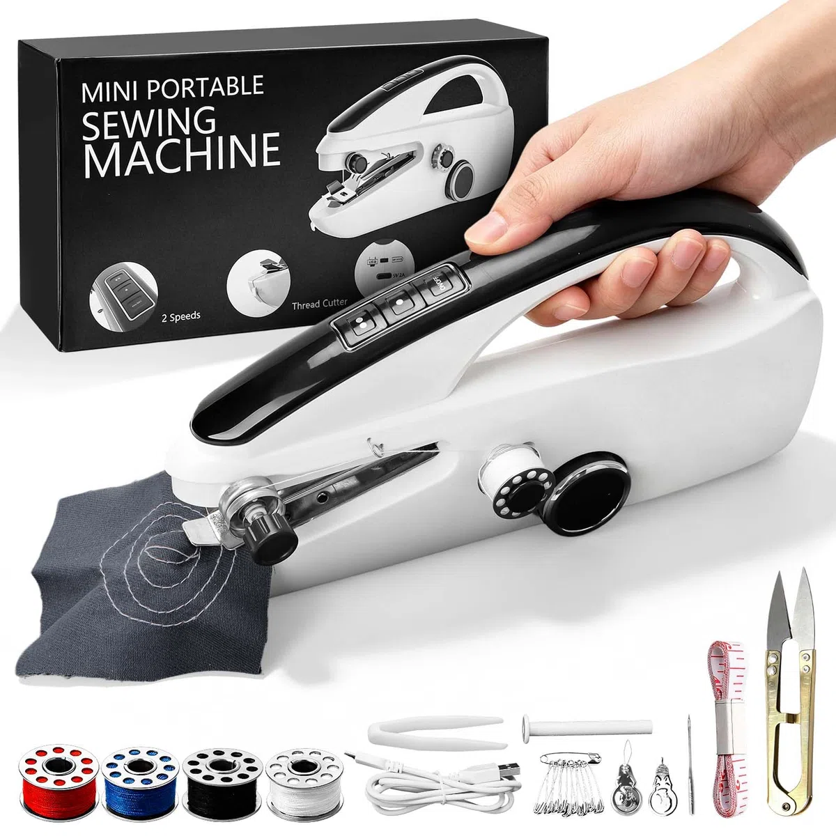 Handnähmaschine, Mini Nähmaschine Handheld, Elektrische Tragbare Nähmaschine für Anfänger, Einhand Schnellnäher für Stoff, Kleidung, Reparaturen zu Hause