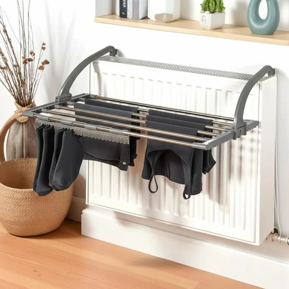 Heizkörper Wäschetrockner ausziehbar – Balkonwäschetrockner & Wäscheständer – Ideal für Heizkörper, Balkon & Badewanne – bis zu 4,5 m Trockenleine – Stabil & platzsparend – Inkl. Sockenclip