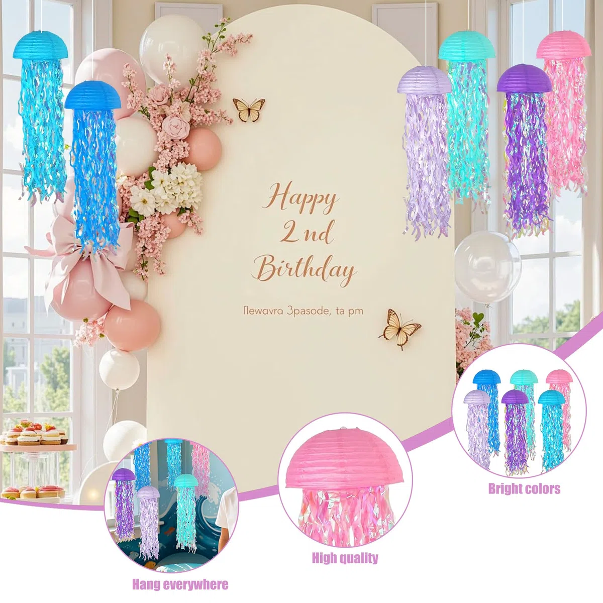 Cosiesnest 6 Stück Quallen Papierlaternen, Ozean Lampions Lampenschirm Unter dem, Partydekorationen mit Glitzer Quasten für Meerjungfrau Geburtstag, Ozean Thema Party Lieferungen& zimmer Deko (2)