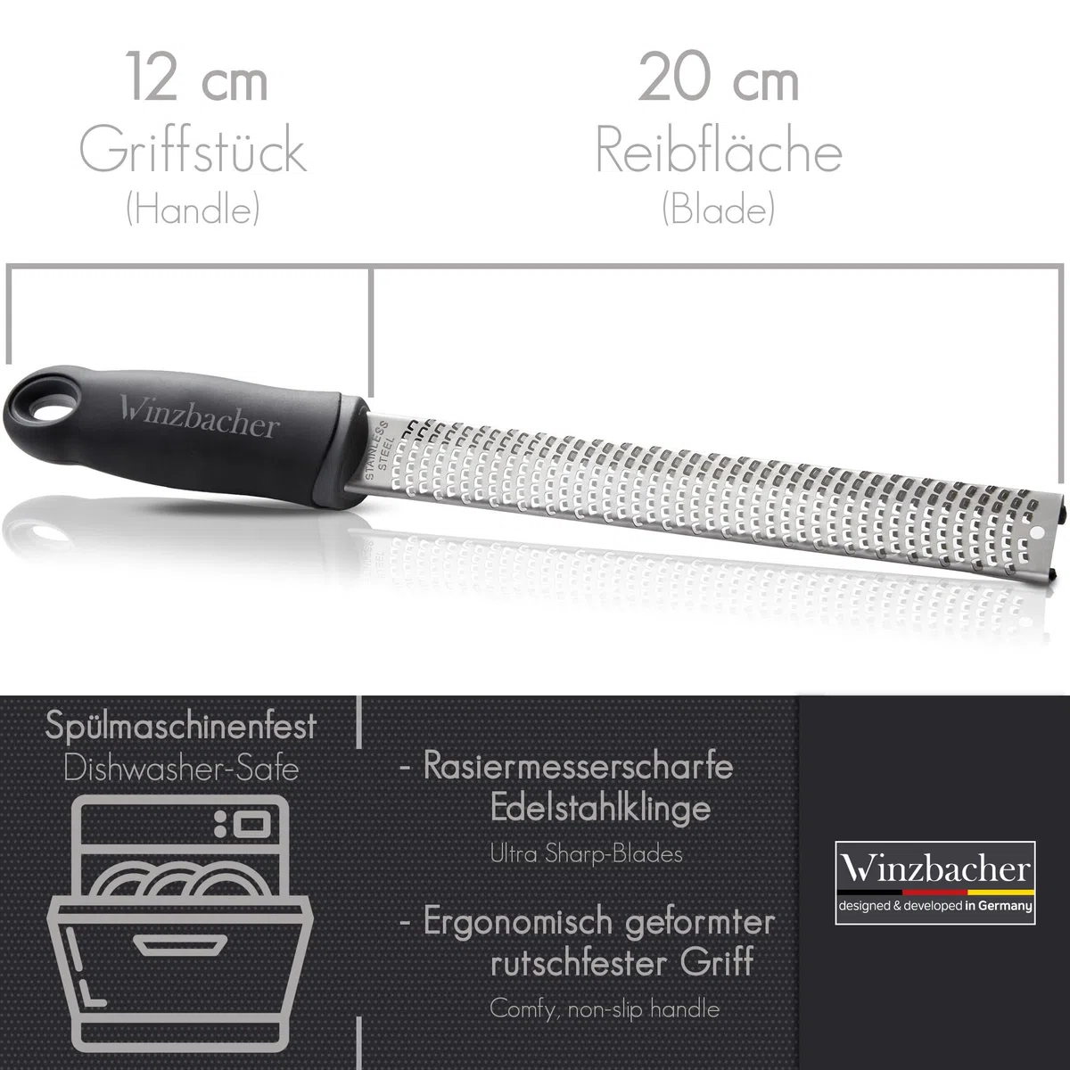 Winzbacher - Premium Zester Reibe I Parmesanreibe, Zitronenreibe, Muskatnuss Reibe, Ingwerreibe I rasiermesserscharfe Edelstahl Klinge I Spülmaschinenfest I inkl. Schutz & Reinigungsbürste