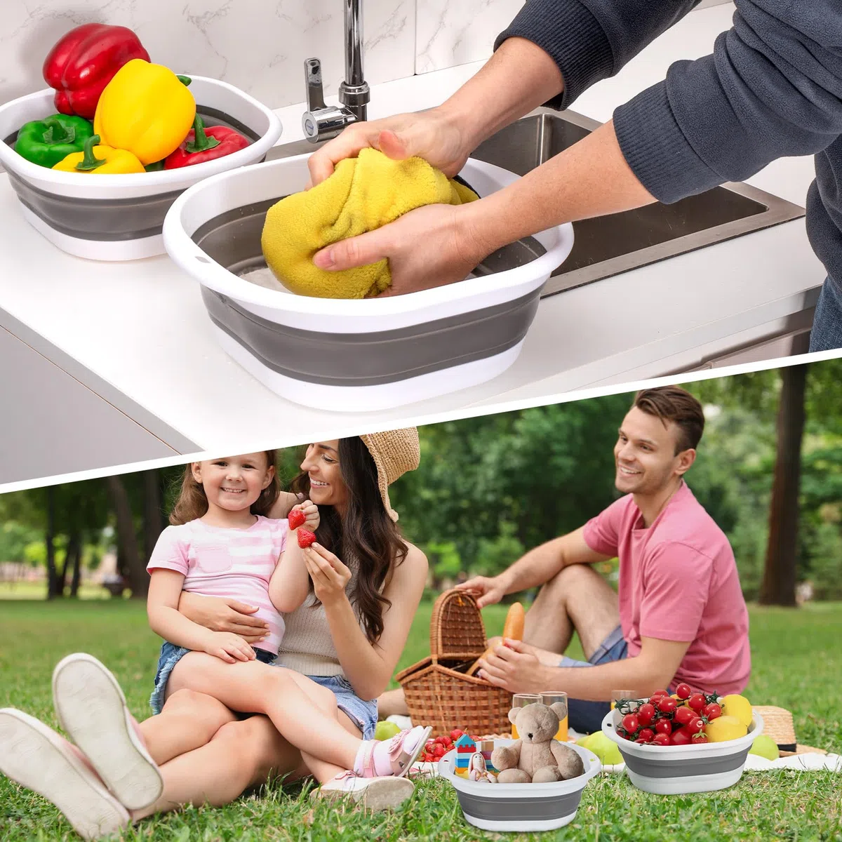 Faltbares Schüssel Wäschewanne Faltbar, Mehrzweck Tragbares Waschschüssel fußbadewanne Faltschüssel, Faltbares Waschbecken für den Hausgebrauch Camping Reisen und Outdoor-Sportarten (3, Grau)