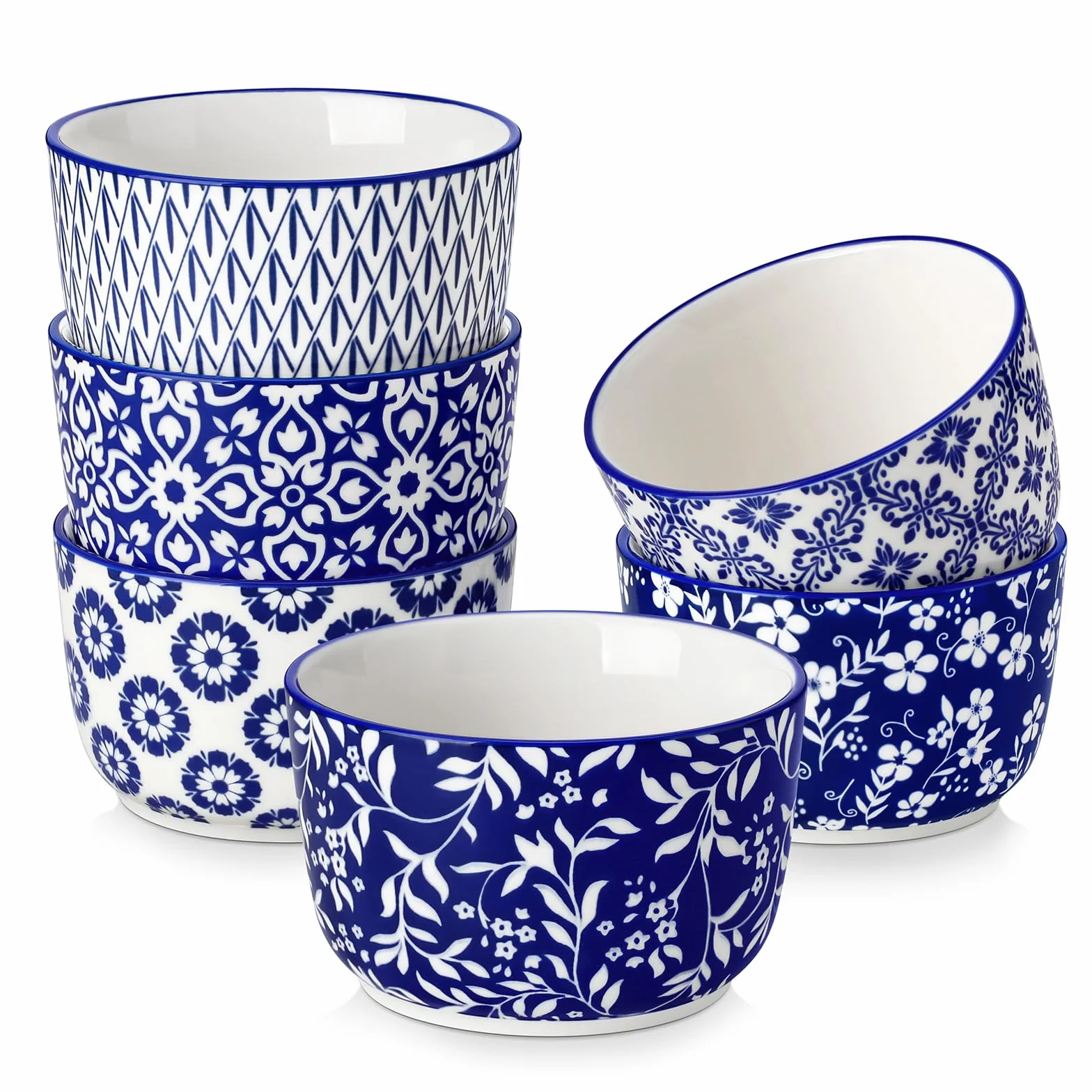 Creme Brulee Schälchen 6 Stück, vancasso SELENE Souffle Förmchen Backofenfest 240ml, Ofenfeste Förmchen Ø 10cm, Ragout Fin Schalen aus Porzellan, Mikrowellenfest und Spülmaschinenfest, Blau-weiß