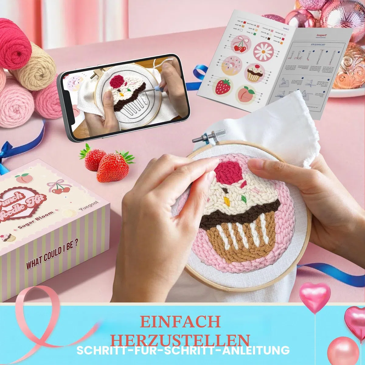 yuegool 6-teiliges Punch-Needle-Untersetzer-Set – Einfaches DIY-Stickset für Anfänger, Kinder & Erwachsene mit Motiven, Garn, Stickrahmen, Anleitung & Halter