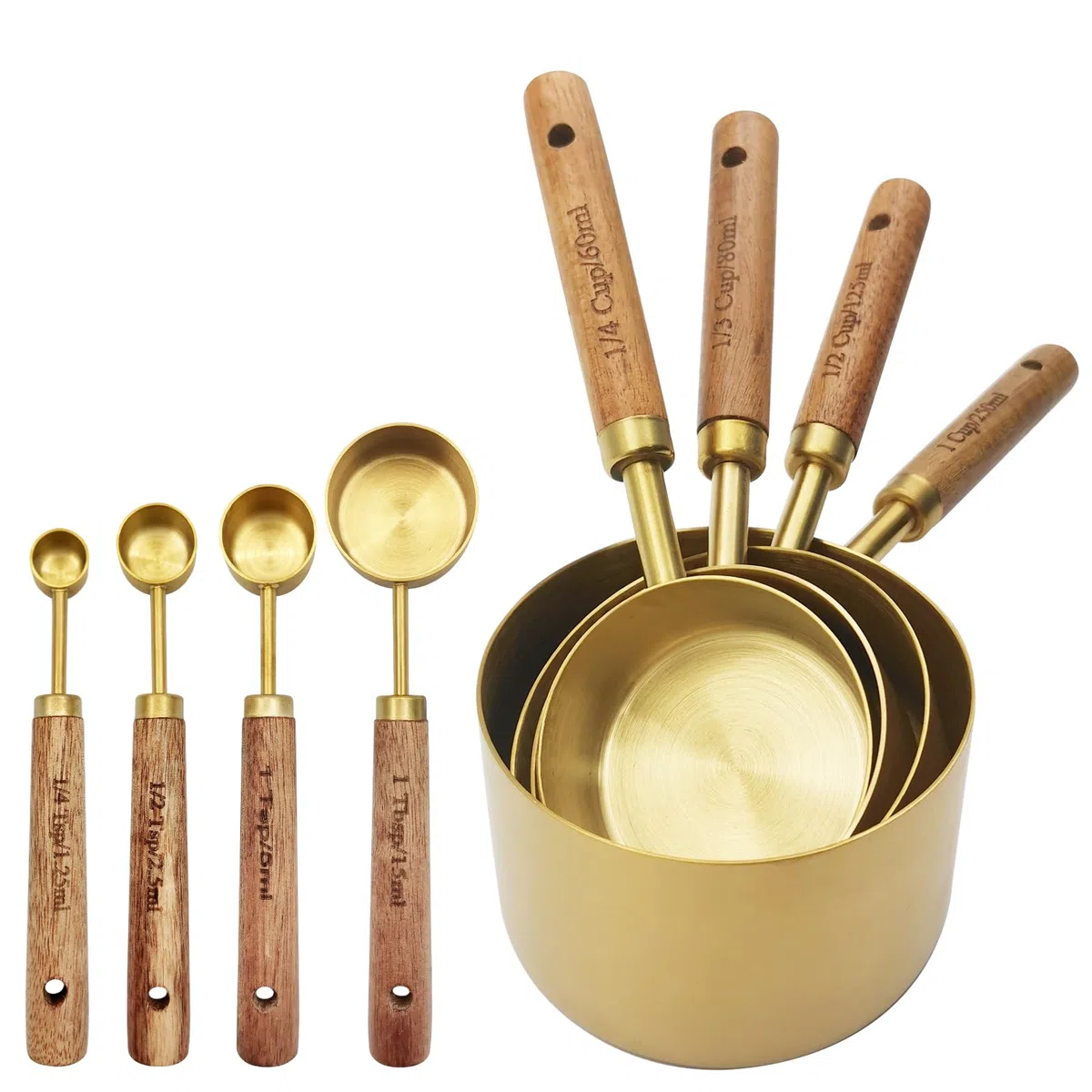 Messbecher und MesslöFfel, Premium Edelstahl,8 Stück, Holzgriff, Mit Metrischen und US MaßEn, Trockener & FlüSsiger Messbecher
