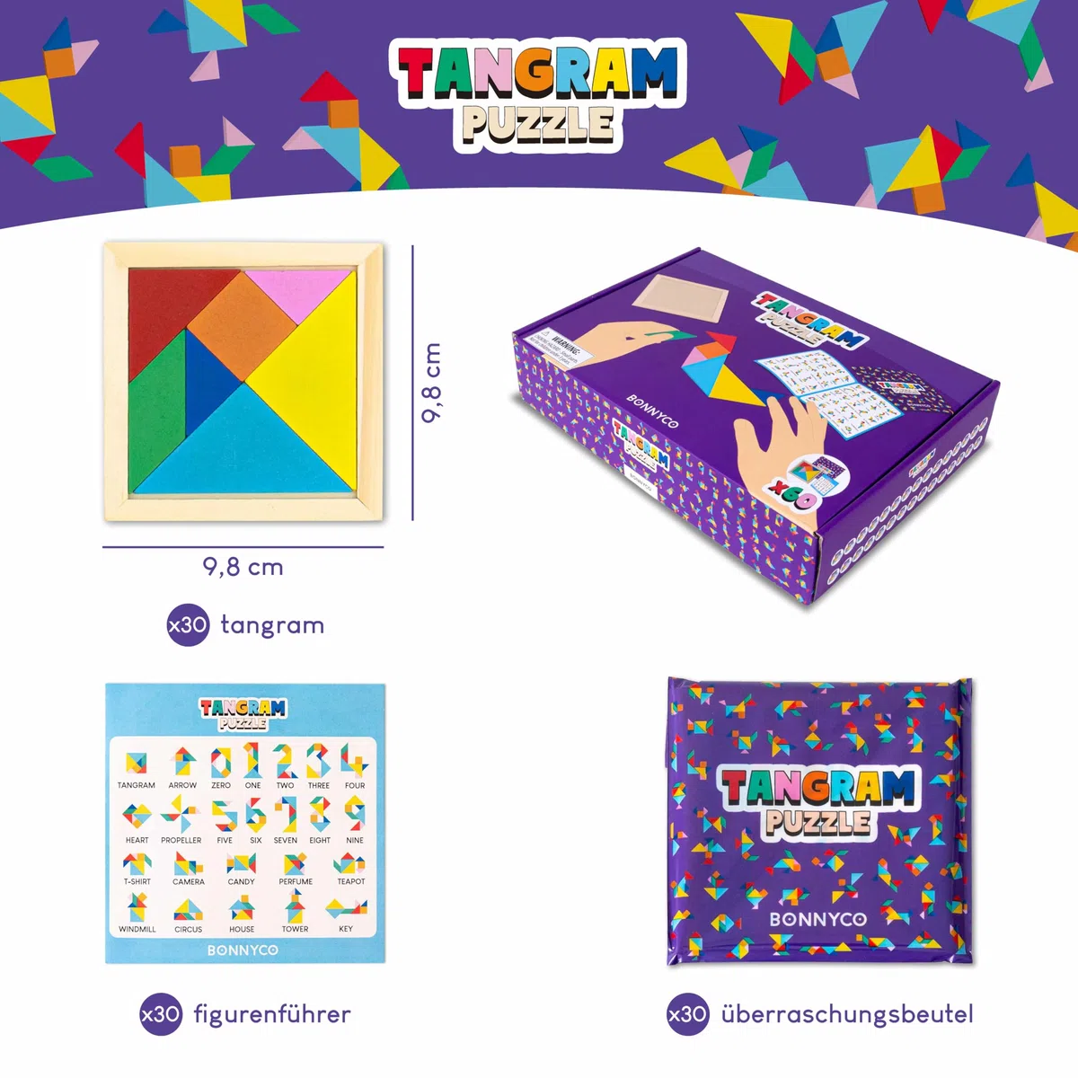 BONNYCO Tangram Kinder Mitgebsel Kindergeburtstag Gastgeschenke 30 Stück. Tangram Puzzle, Kleine Geschenke für Kinder. Give Aways Kindergeburtstag Mitgebsel Set, Pinata Füllung, Mini Spielzeug