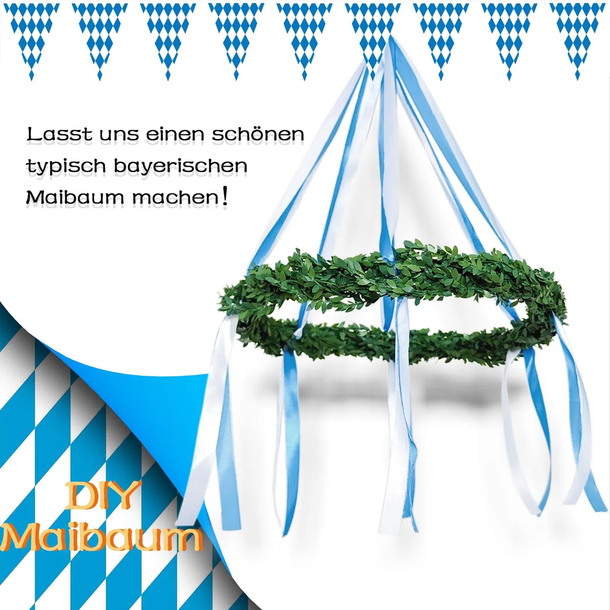 DIY Oktoberfest Deko DIY Bayerische Dekokranz Maibaum mit Oktoberfest Wimpelkette Deko Oktoberfest für Bierfest Party Hausgarten Bar, Blau/Weiß, Kranz-Durchmesser: 30~40cm