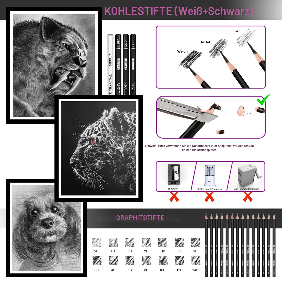 HIFORNY 28-teiliges Skizzierstifte-Set, Skizzenstifte, Kunstzubehör mit Graphit, Anthrazit, Mischwerkzeuge, Zubehör, Zeichenset für Erwachsene, Künstler in Rolltasche auf Leinwand