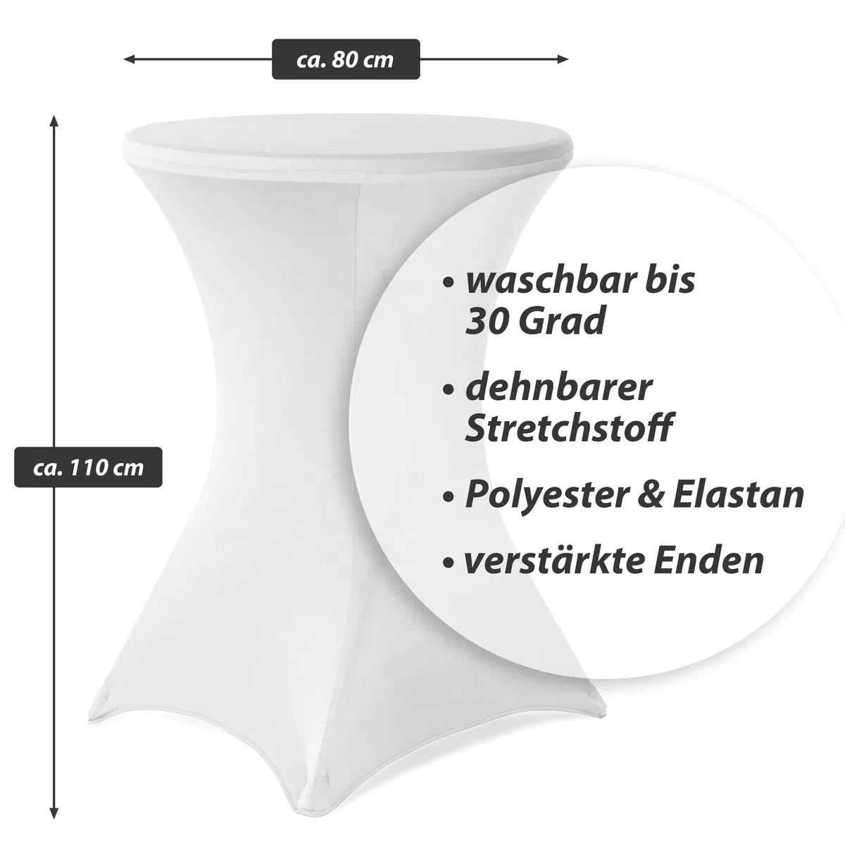 Stehtisch rund klappbar mit Husse, Höhe 110cm Durchmesser 80 cm, weiß
