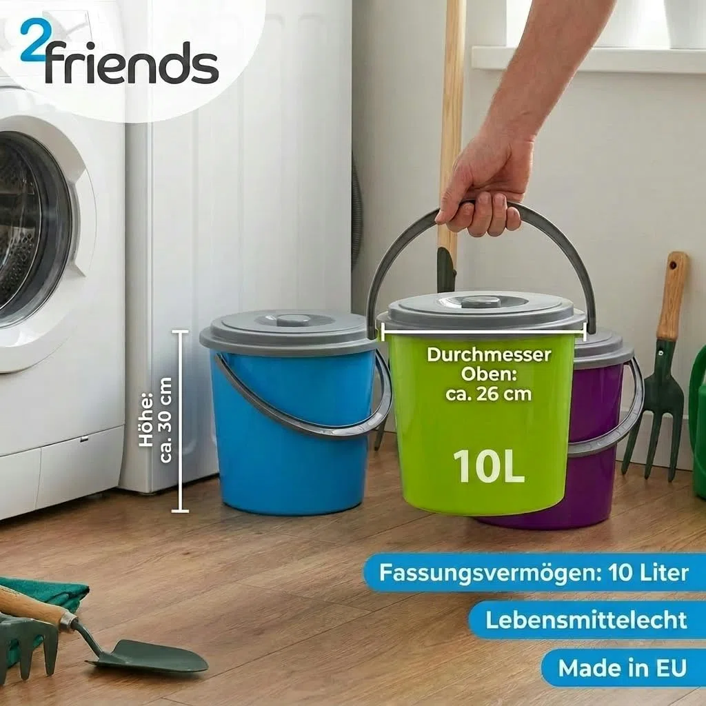 Eimer mit Deckel 10l 3er Set, Kübel mit Deckel Putzeimer 10l Kunststoff, Lebensmittelecht, Stapelbar, Made in EU