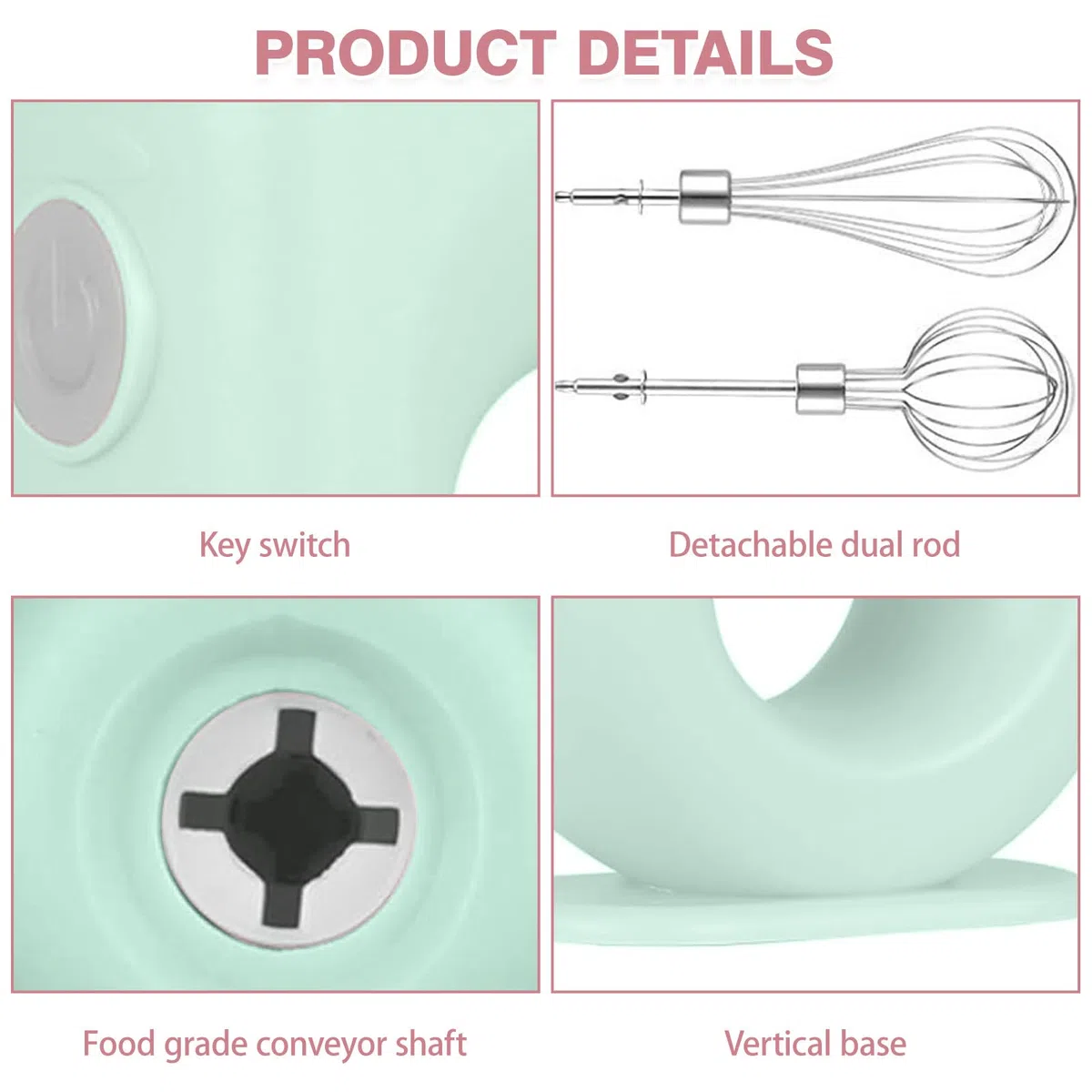 Elektrischer Schneebesen, Kabelloser Hand Mixer, Edelstahl-Schwenkquirl, 4 einstellbaren Geschwindigkeitsstufen, Elektrischer Handmixer mit 2 Quirl-Aufsätzen, über USB aufladbar (Grün)