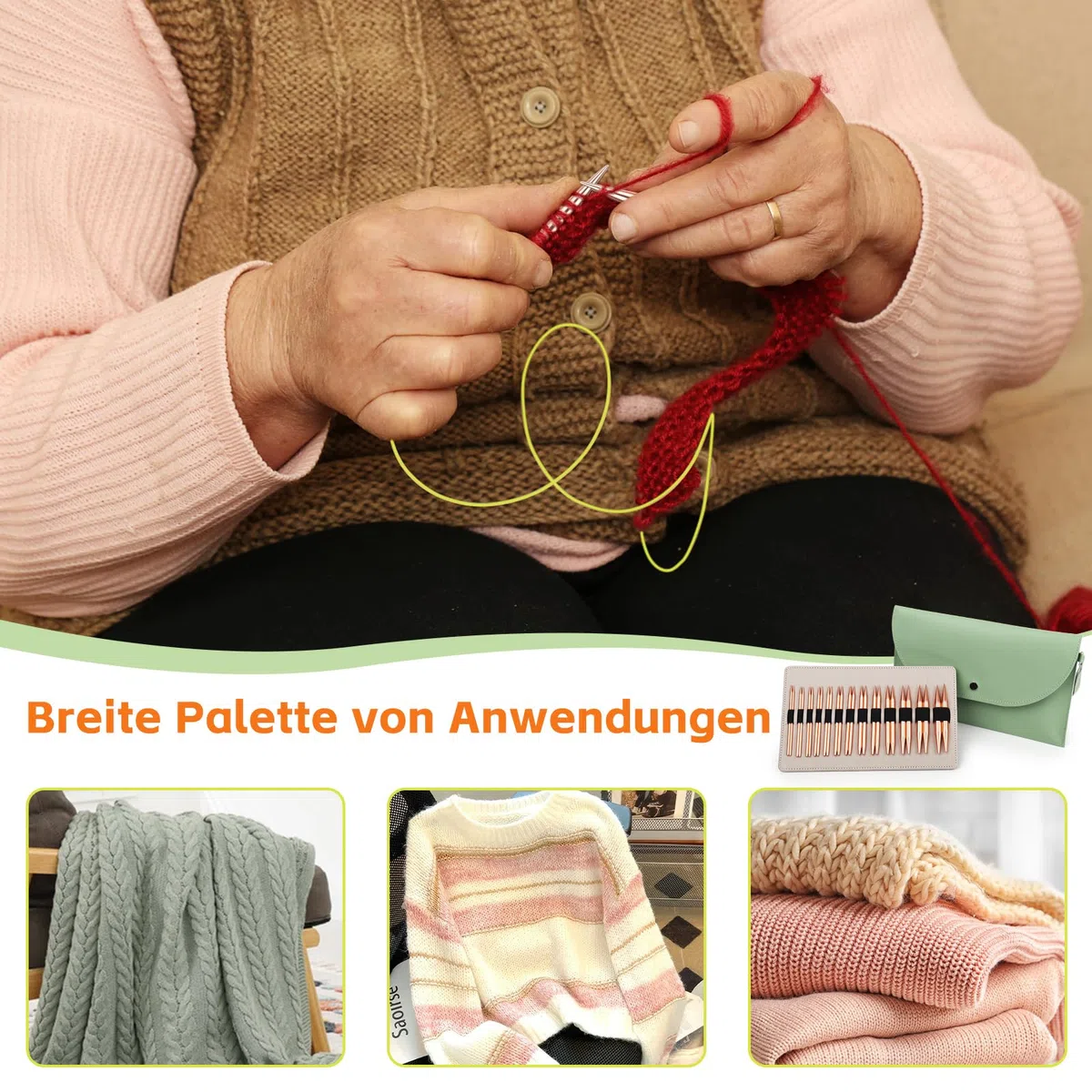 Coopay Auswechselbare Rundstricknadeln Set, 3,0-10,0 mm Rundstricknadeln (4 Längen verstellbar), Stricknadeln Rundstricknadel mit Aufbewahrungstasche,Austauschbare Rundstricknadel, Rosé gold