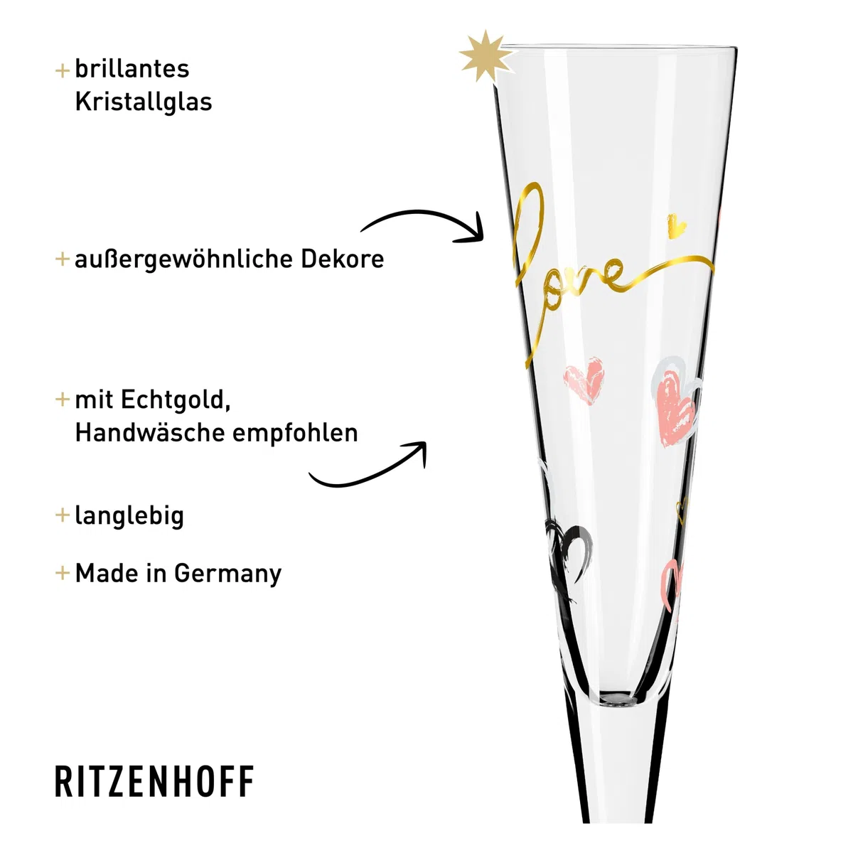 RITZENHOFF 6031004 Champagnerglas 200 ml - Serie Goldnacht Duett 2023, 2x Designerstück mit Echt-Gold - Made in Germany