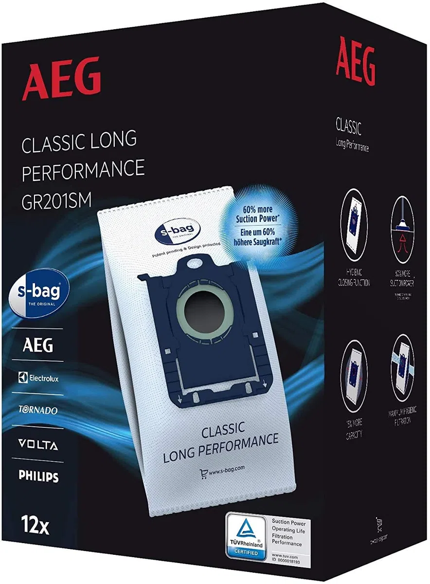 AEG GR201SM s-bag Staubbeutel Classic Long Performance MegaPack, 12 Synthetik Staubsaugerbeutel für dauerhaft hohe Saugleistung, optimale Filtration, Hygieneverschluss, 60% mehr Saugkraft, weiß