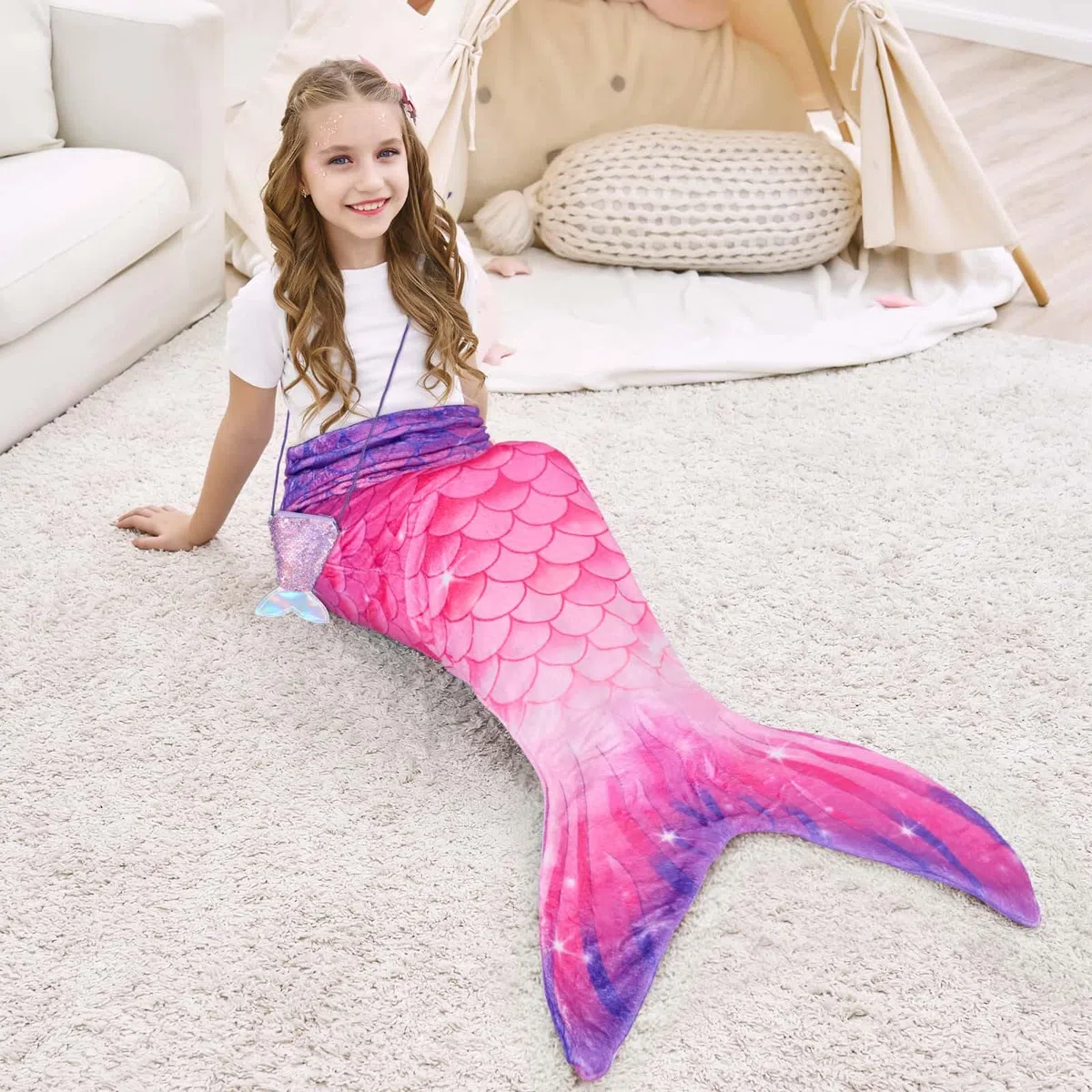 WERNNSAI Meerjungfrauen Schwanz Decke für Kinder Mädchen - Weiche Meerjungfrauen Decke mit Pailletten Portemonnaie Flanell Mermaid Blanket für Teenager Geschenk zum Geburtstag (Lila & Rosa)