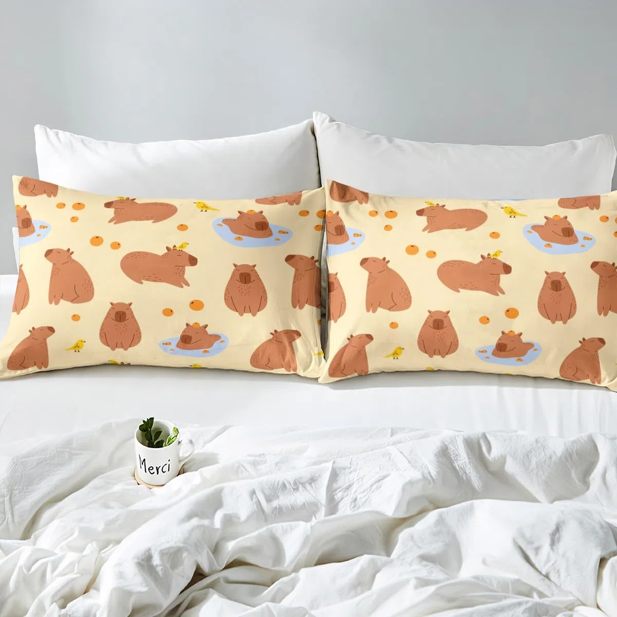 Homewish Capybaras Bettbezug 135x200 Nette Braune Capybaras Trösterbezug für Kleinkinder Teens Jugend, Cartoon Vogel Capybara Orangen Bettwäsche Sätz mit 1 Kissenbezug, Gelbbraun