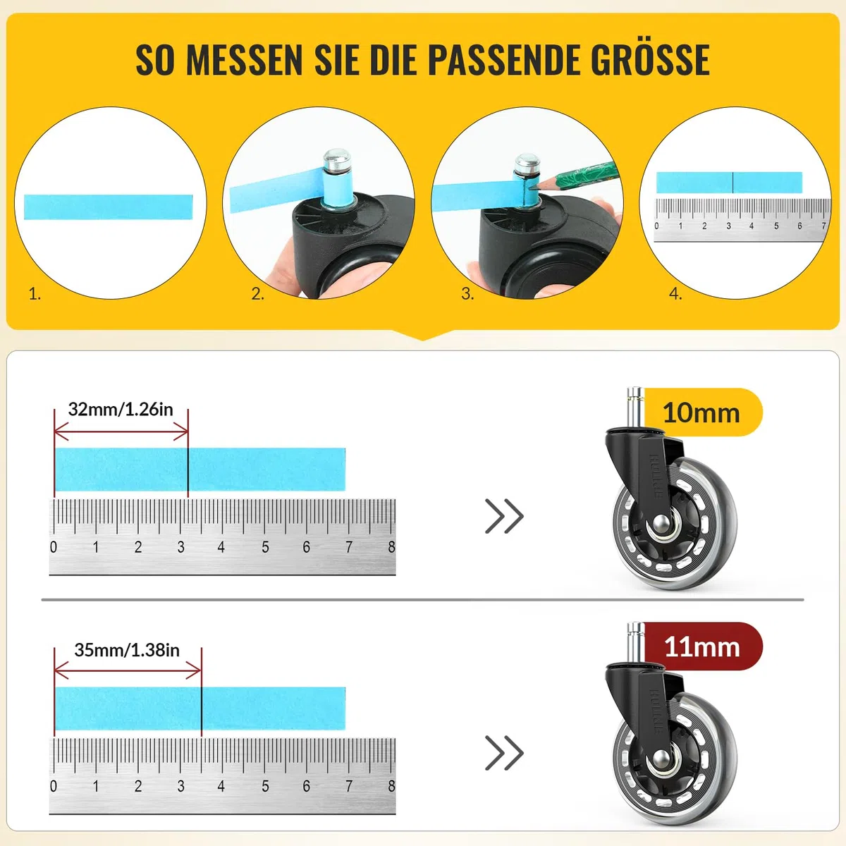 HOLKIE Bürostuhl Rollen für Bürostühle 5er-Set für Parkett Hartbodenrollen Boden 11x22 mm Transparent Schreibtischstuhl Gummirollen für Stühle als Computer-Gaming-Stuhl Bürostuhlrollen Sehr Leise