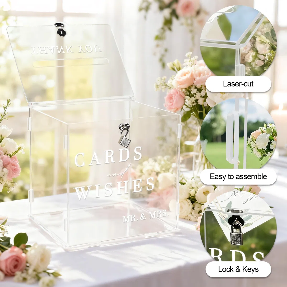 Acryl Hochzeit Kartenbox mit Schloss, Hochzeitsbox Geschenkkarten, Große DIY Kartenbox Hochzeit Geldbox mit Breitem Schlitz Briefkasten Umschlag Box für Geburtstag Babyparty Jubiläum (Weiß)