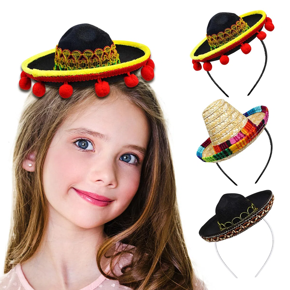 Set von 6 Cinco de Mayo Stroh Sombrero Stirnband Stoff Partyhüte mit Ball Fransen Dekoration für Fiesta Hut Partyzubehör, Dia de Muertos, mexikanische Themen Dekorationen Partyzubehör