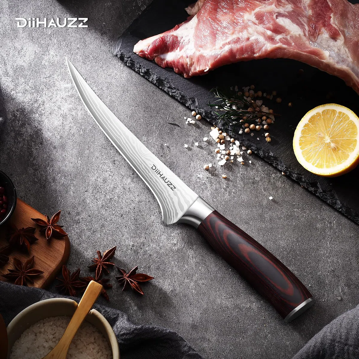 DiiHAUZZ 18 cm Filetiermesser, Profi Ausbeinmesser aus hochwertigem 5Cr15MoV Hochkohlenstoff-Edelstahl, Scharfes Fischmesser mit Ergonomischem Pakkaholzgriff, Fischfiletiermesser für Hobbyköche&Profis