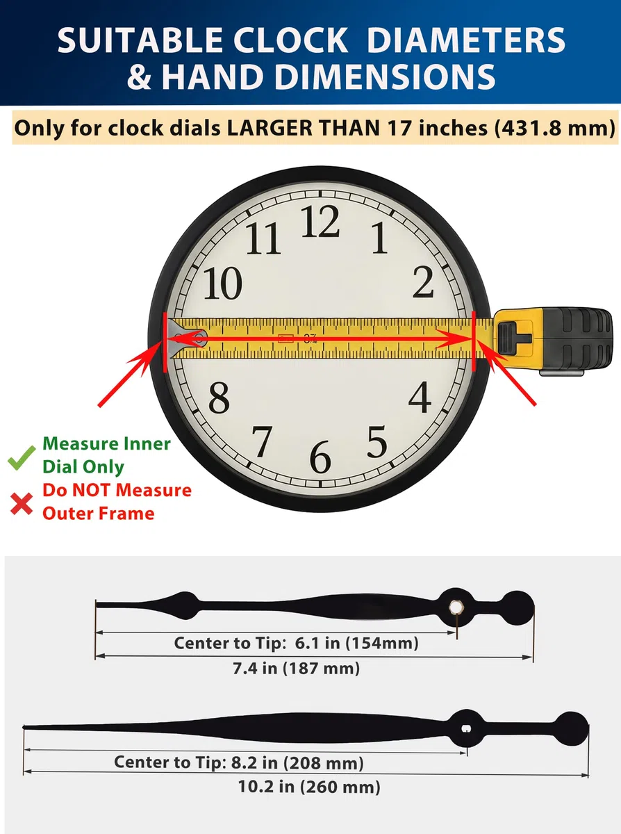 Hohes Drehmoment Quarzuhrwerk mit langem Schaft – Inkl. 208 mm Zeiger-Set für XXL Wanduhren (Ø 45–60 cm) – Batteriebetriebenes Uhrwerk zum Selbstgestalten & als Ersatzuhrwerk