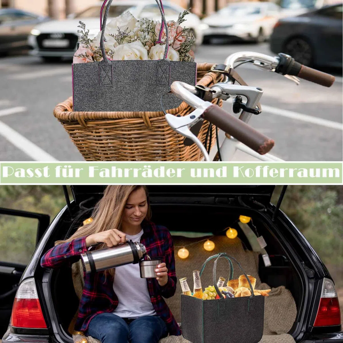 2 Stück 30L Filztaschen Shopper Groß, Einkaufstasche Faltbar Filz Einkaufskorb mit Lange Henkel, Stabiler Einkaufs Tasche mit Innentasche, Filztasche Kaminholz Filzkorb (Dunkelgrau)