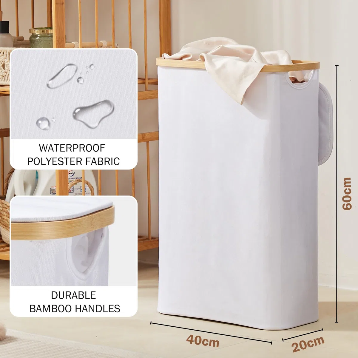 YOUDENOVA Wäschekorb mit Deckel 48L Wäschesammler schmal mit Wäschesack faltbarer Wäschesortierer Holz Bambus Wäschetruhe hoch Laundry Baskets, Weiß
