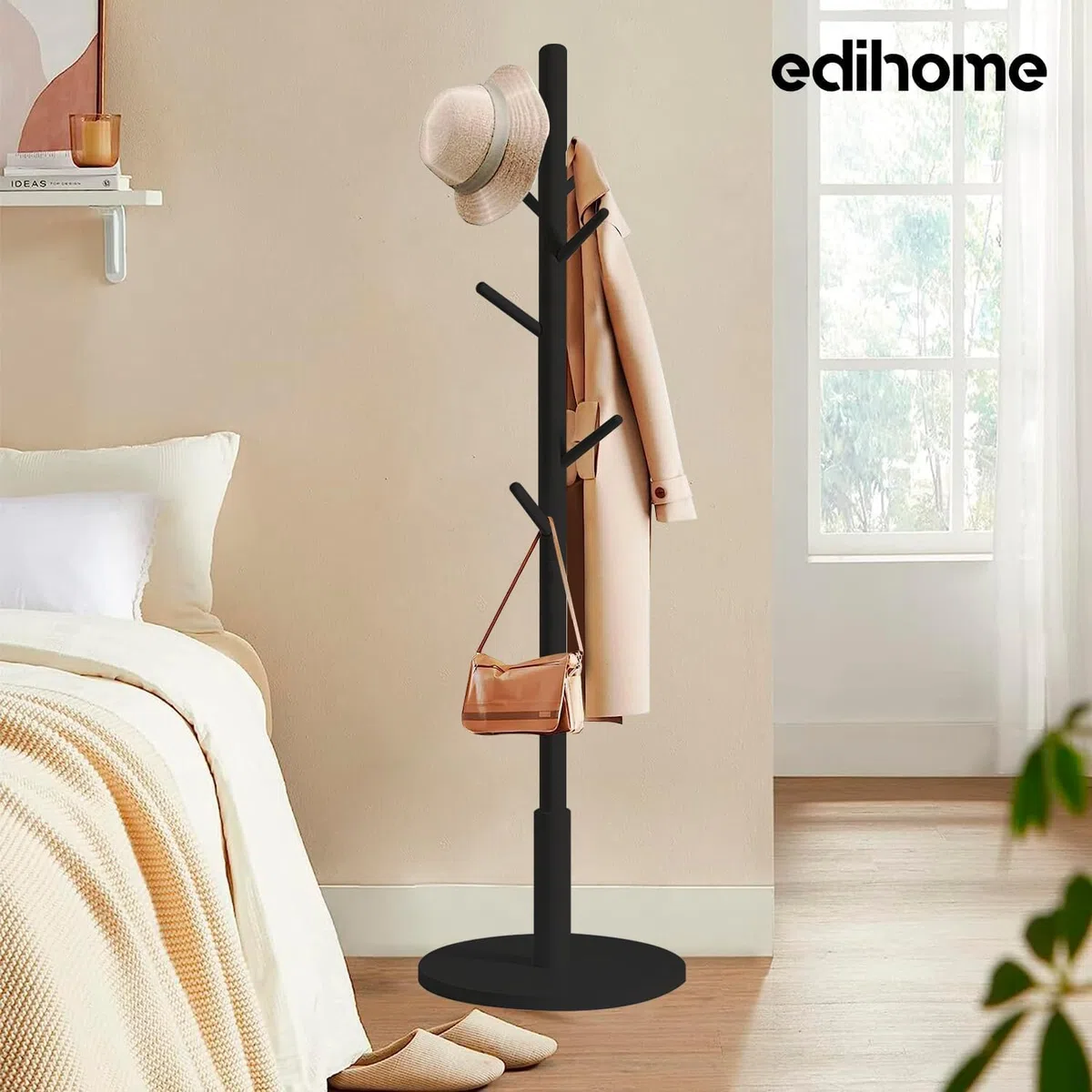 edihome, Garderobenständer, aus Holz, für Kleidung, 8 Haken, 172 x 38 x 38 cm, für Eingangsbereich, Flur oder Schlafzimmer (Schwarz)