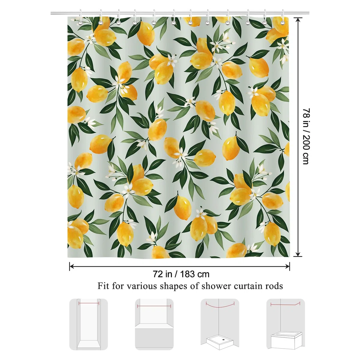 Bonhause Duschvorhang Zitronen Grüne Blätter Duschvorhänge 180 x 200 cm Anti-Schimmel Wasserdicht Polyester Stoff Waschbar Bad Vorhäng für Badzimmer mit 12 Haken