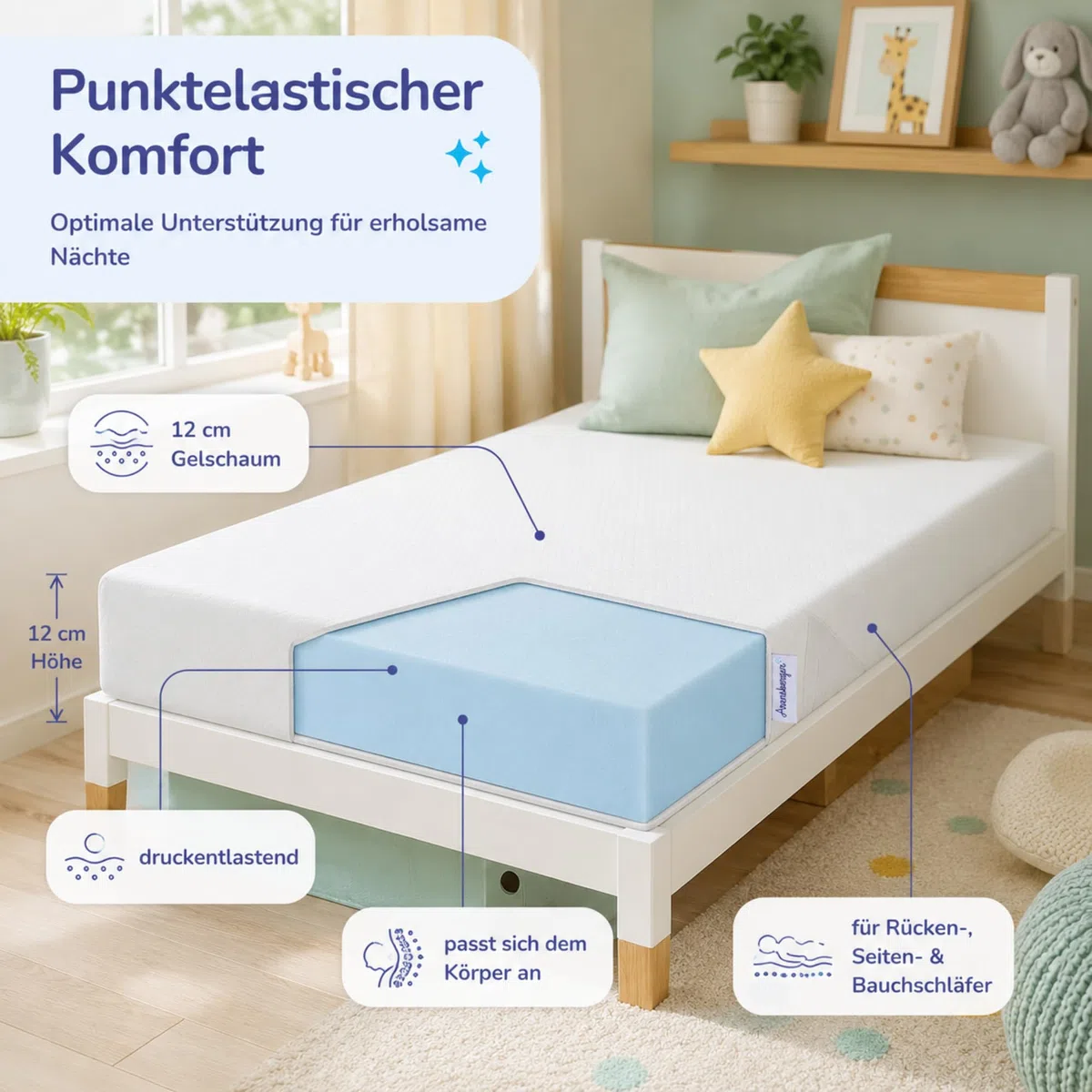 Arensberger Kindermatratze Babymatratze Nora | 60x120cm Höhe 12cm | Bezug waschbar & abnehmbar | punktelastischer Gelschaum | Jugend-matratze, allergiker freundlich Premium Bezug | Öko-Tex zertifizert