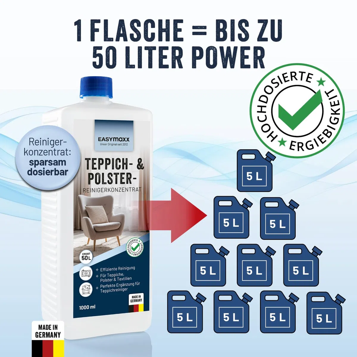 CLEANmaxx Teppich-Shampoo 1 x 1000 ml | Perfekte Kombination mit dem Hartboden- und Teppichreiniger PRO, auch für andere Wasch- und Teppichsauger geeignet | Spezialfleckenformel und Farbauffrischer