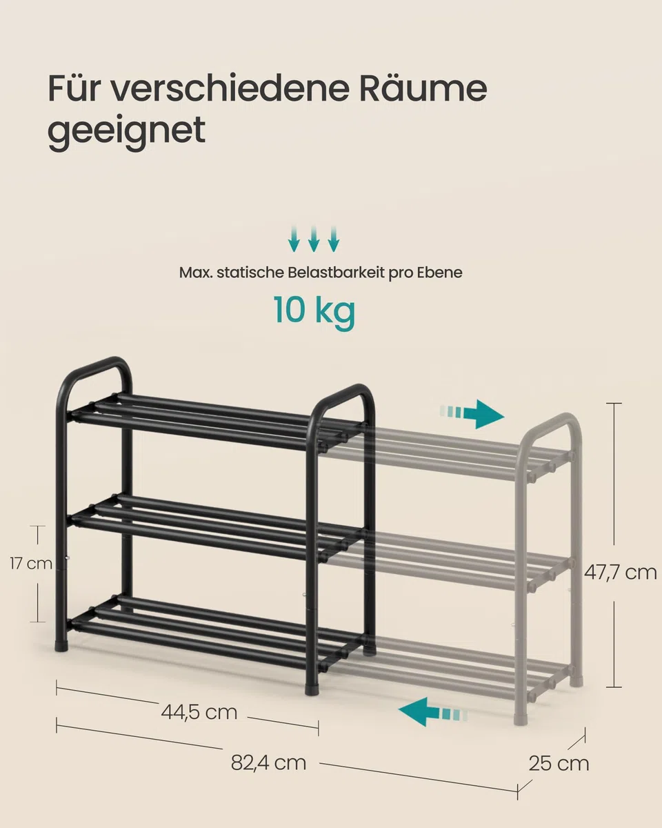 SONGMICS Schuhregal ausziehbar, Schuhablage, Schuh-Organizer mit verstellbaren Ablagen, Schuhaufbewahrung aus Metall, für Flur, Ankleidezimmer, Wohnzimmer, 3 Ebenen, tintenschwarz LMR036BD01
