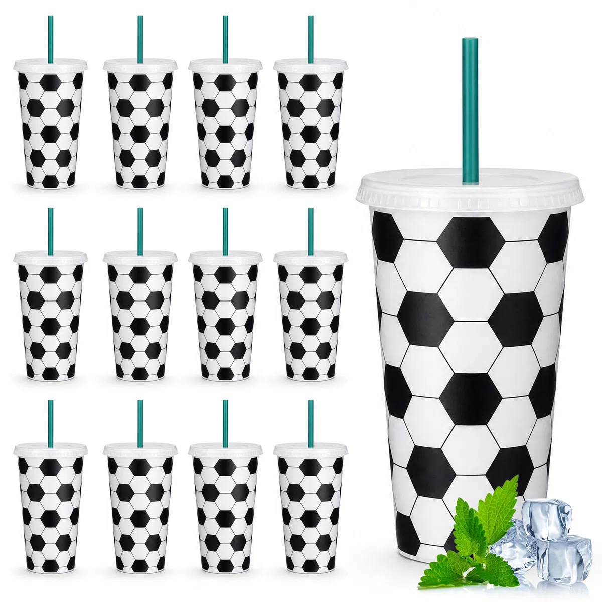 MeYuxg 12er-Set Fußball Becher, 701ML Fußball Tasse mit Deckel und Strohhalm Wiederverwendbare Schwarz-Weiß, für Bier, Water und Getränke, Fussball Sportball Party Tumbler