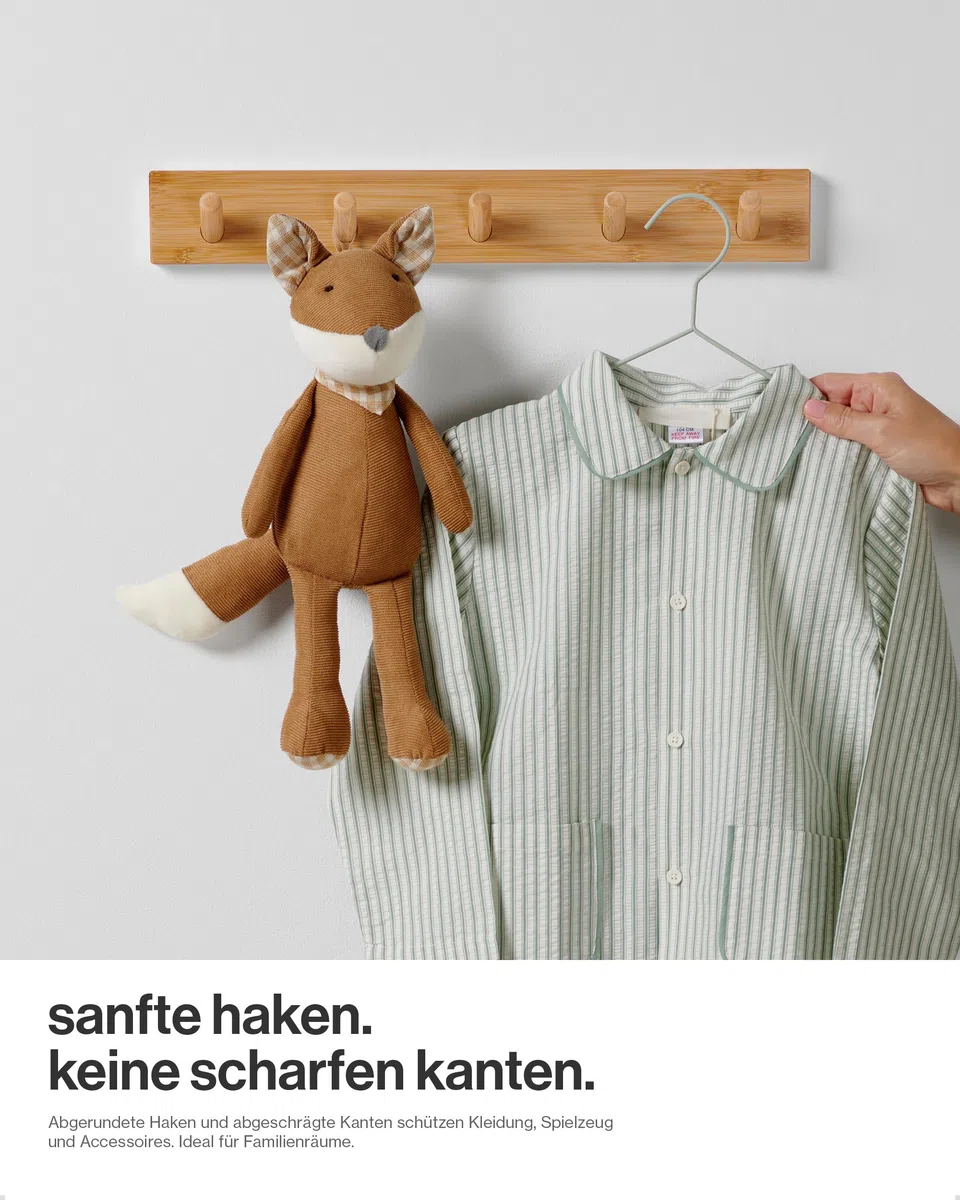 LARHN Garderobenhaken Holz (2 Stück) - Garderobenleiste Holz mit 5 Haken - 43 cm - Kleiderhaken Wand - Wandgarderobe für Flure, Garderoben, Schlafzimmer und Badezimmer
